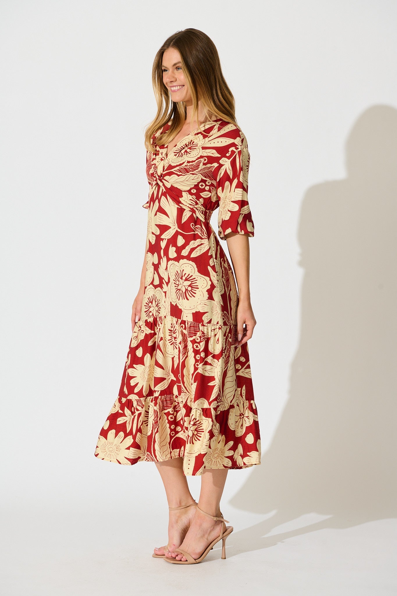 Sonnet Midi Dress in Red with Cream Floral