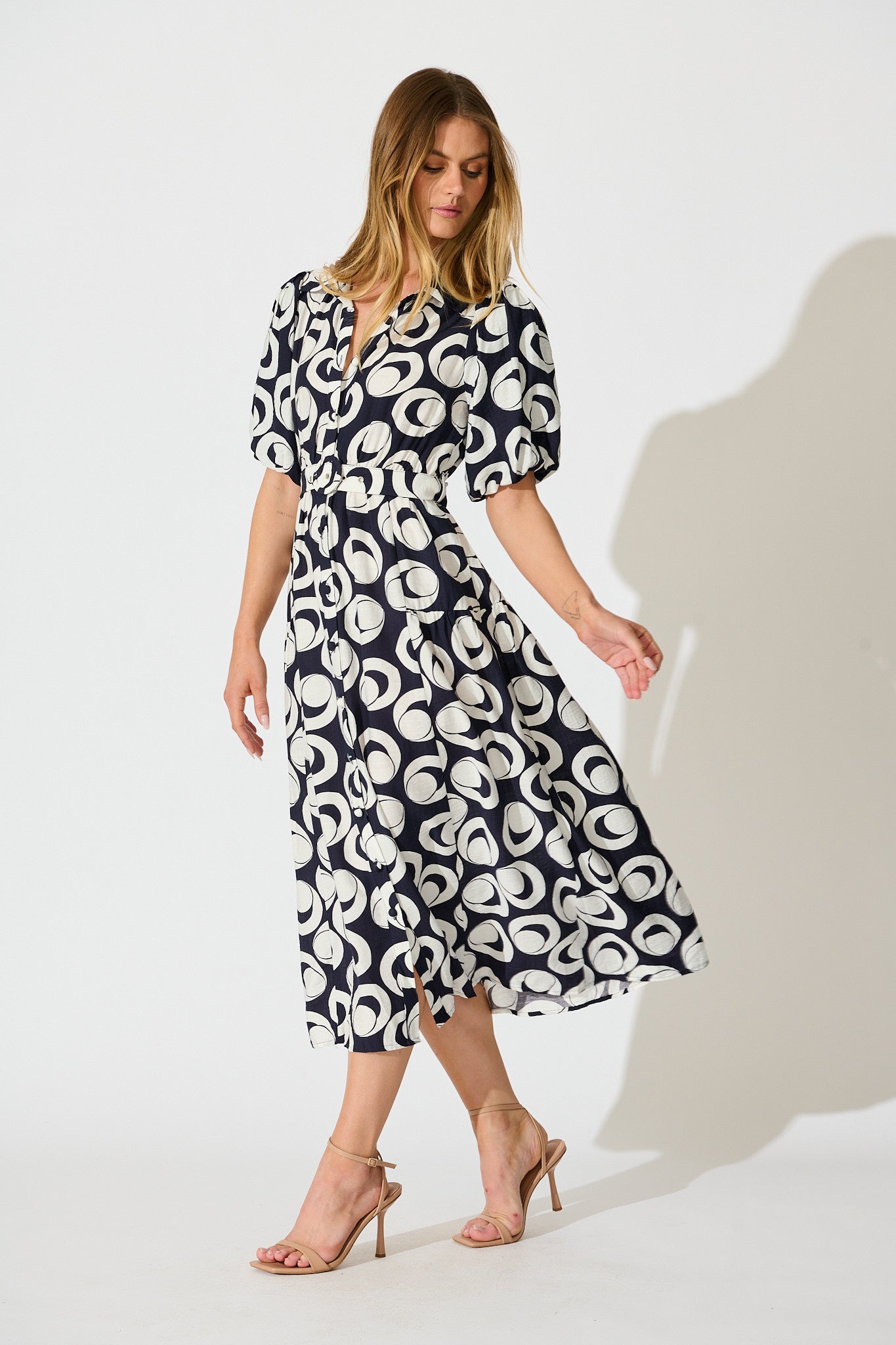 Asazie Midi Shirt Dress in Navy with White Print