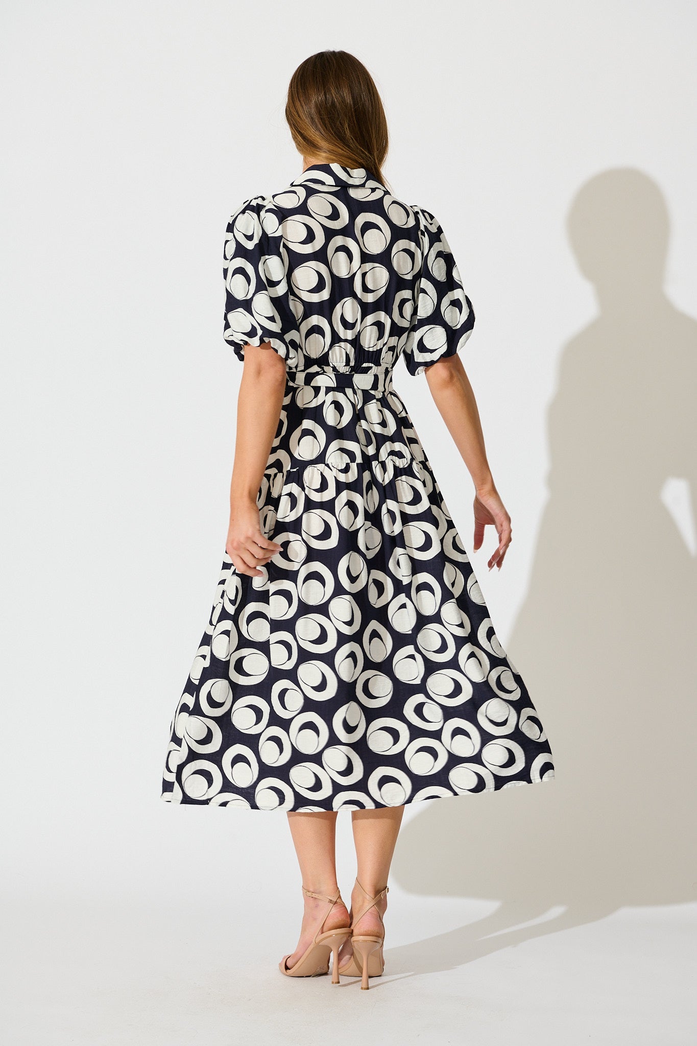 Asazie Midi Shirt Dress in Navy with White Print