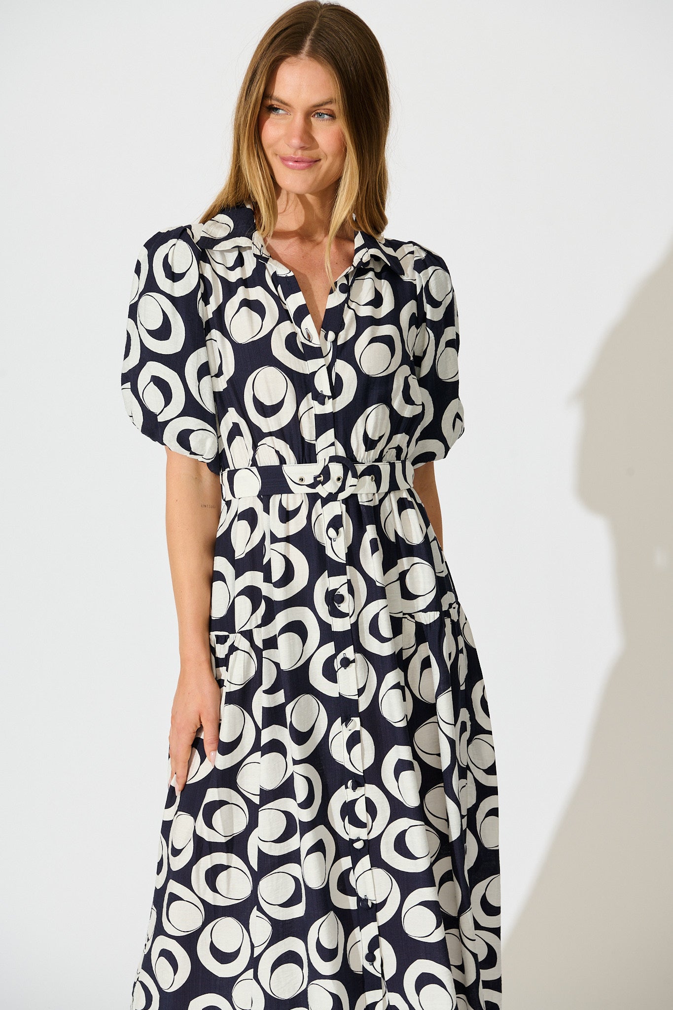 Asazie Midi Shirt Dress in Navy with White Print