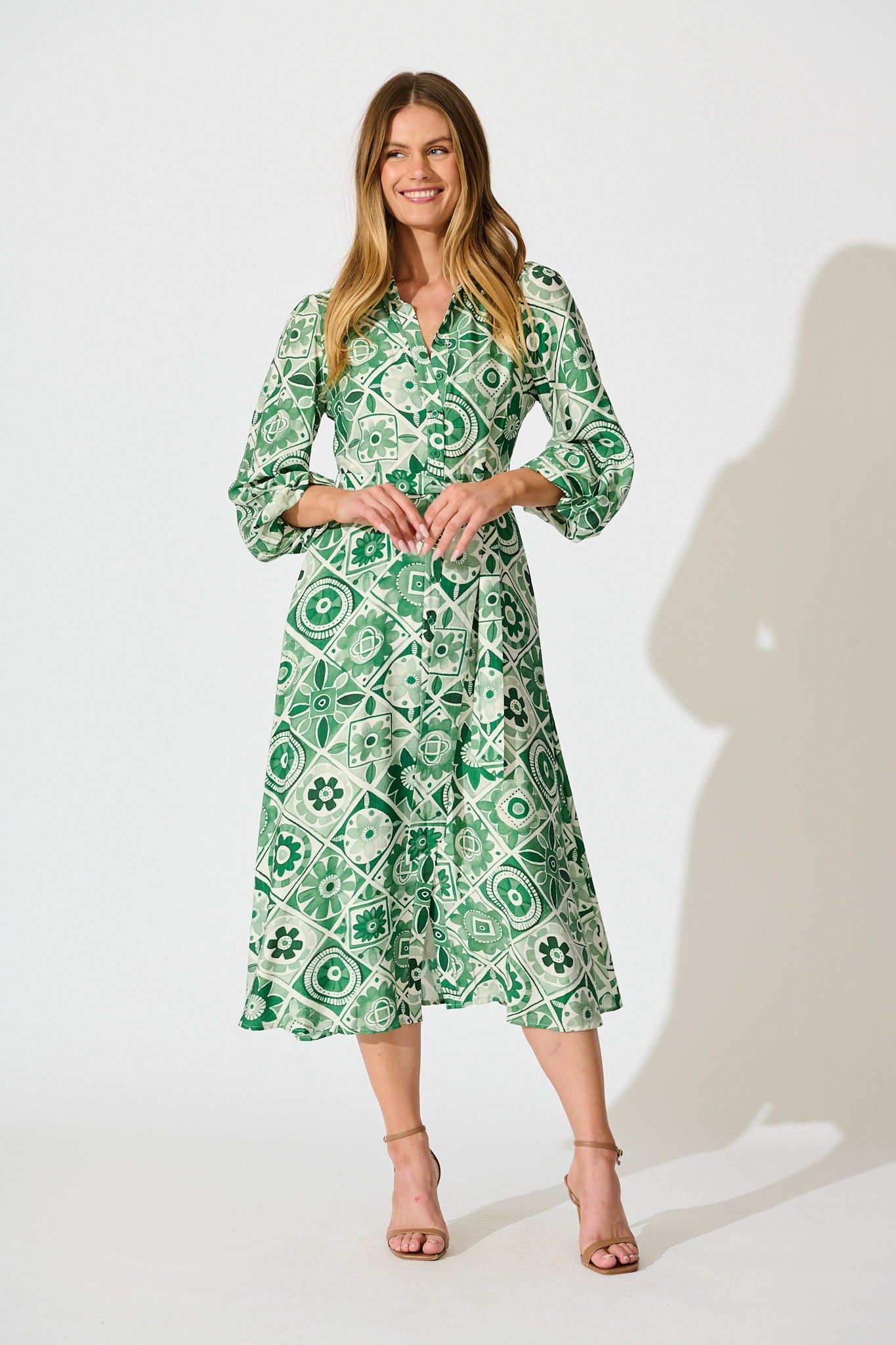Syren Midi Shirt Dress in Green Tile Print
