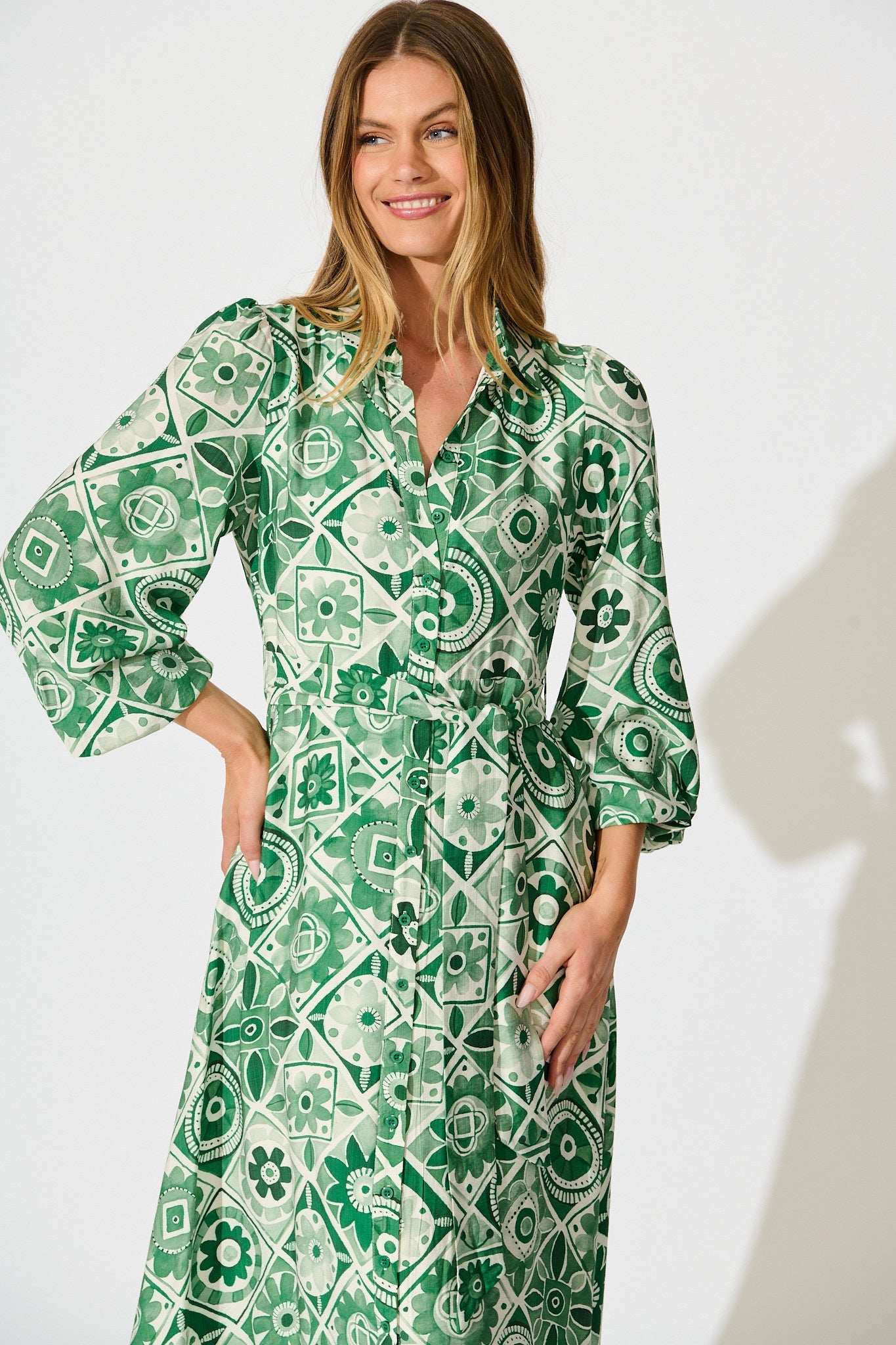Syren Midi Shirt Dress in Green Tile Print