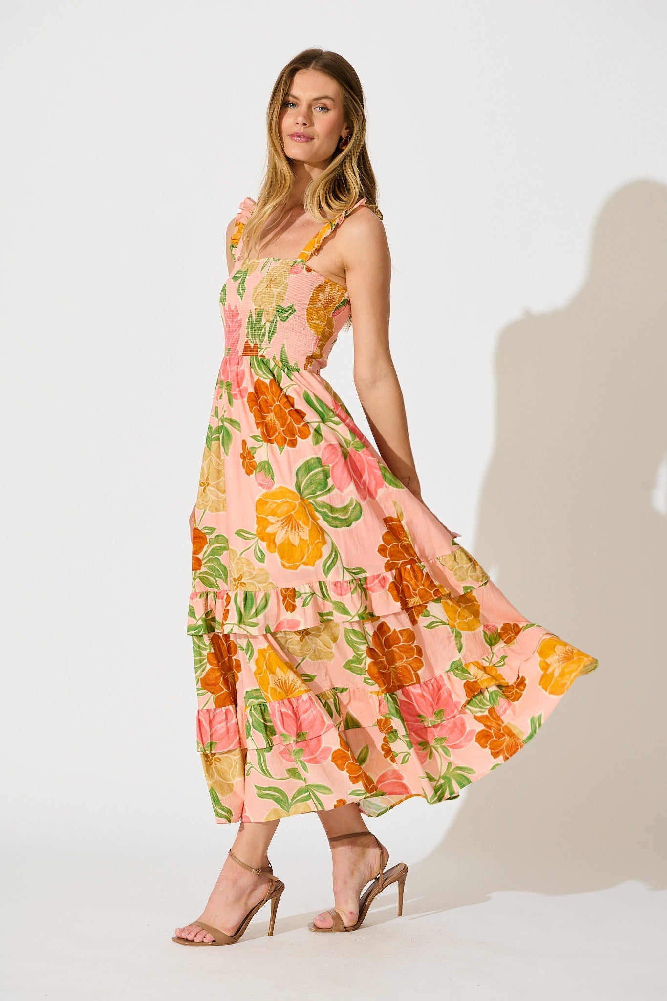 Ellamae Maxi Sundress in Peach Floral Cotton