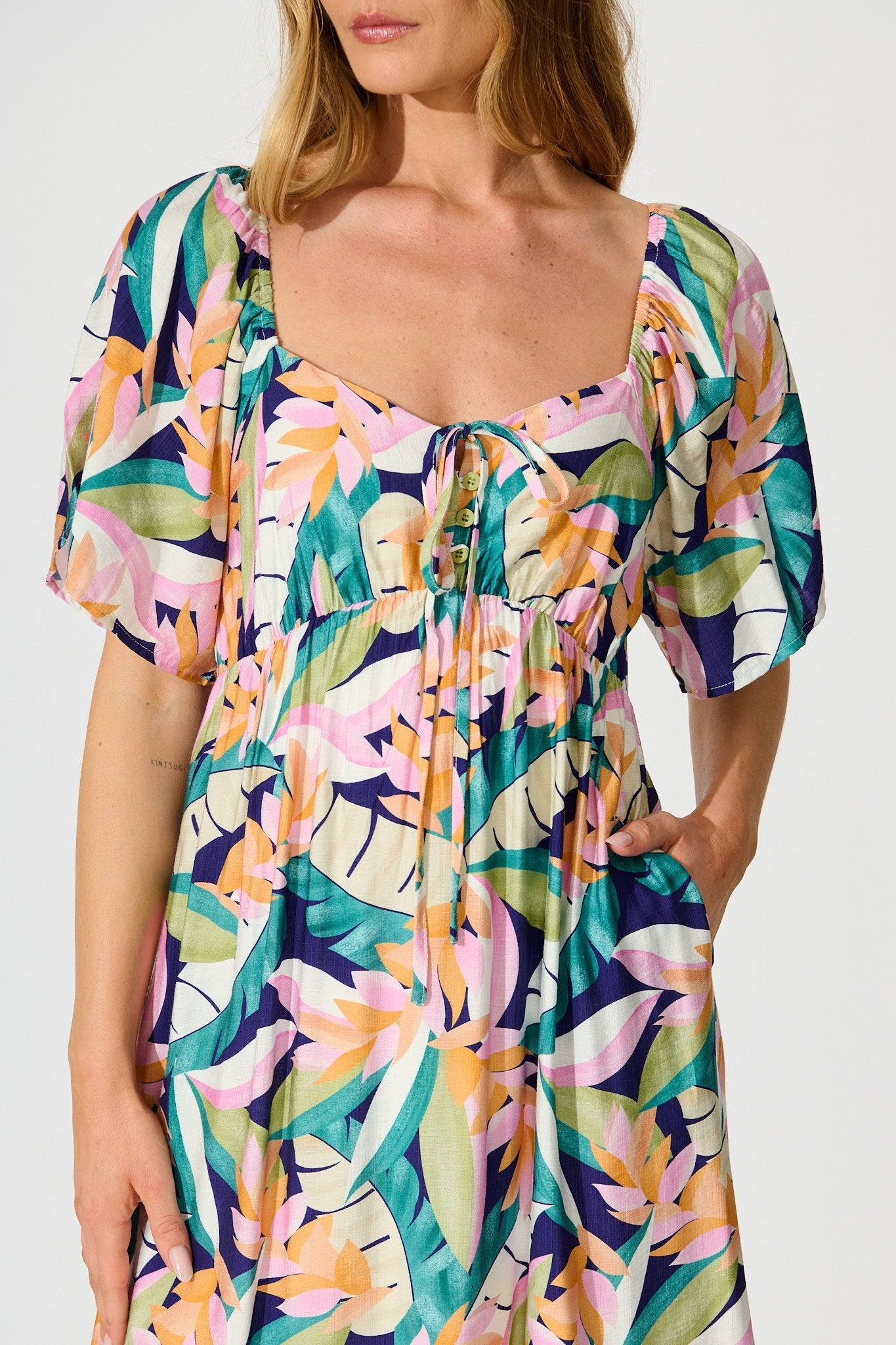 Anemone Midi Dress in Multi Leaf Print