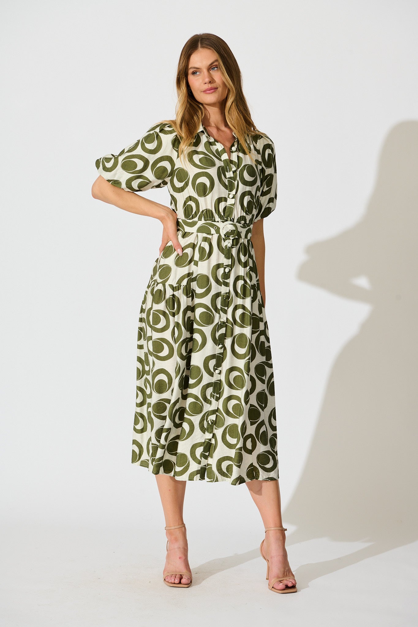 Asazie Midi Shirt Dress in White with Green Print