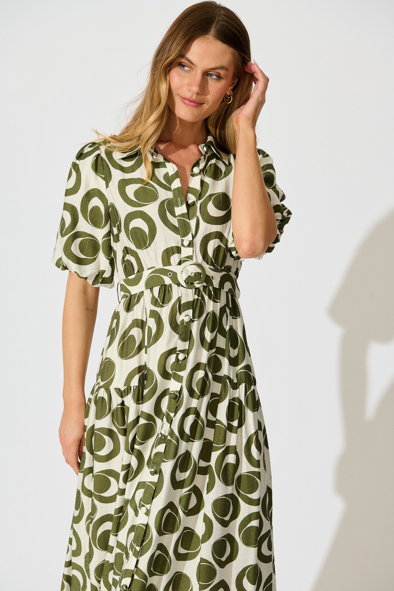 Asazie Midi Shirt Dress in White with Green Print