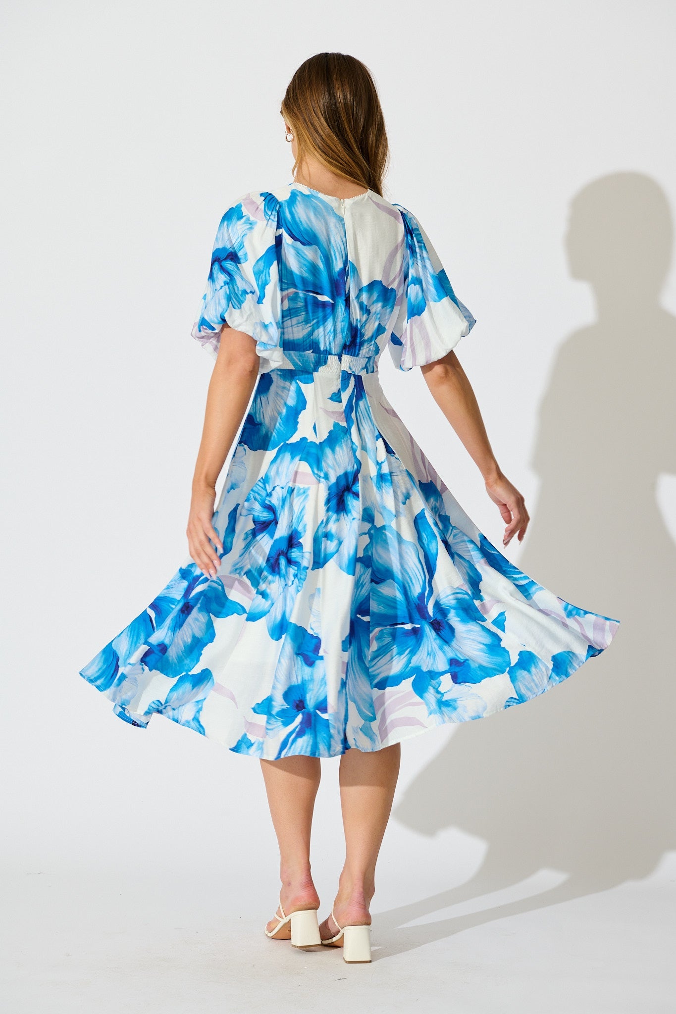 Callista Midi Dress in White with Blue Floral