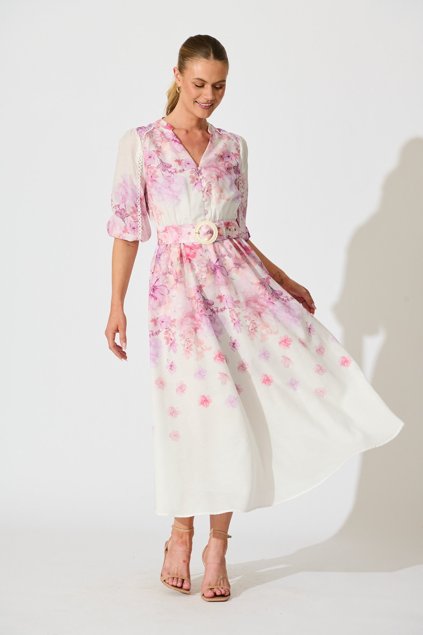 Elaria Maxi Dress in White with Purple Floral Cotton Blend