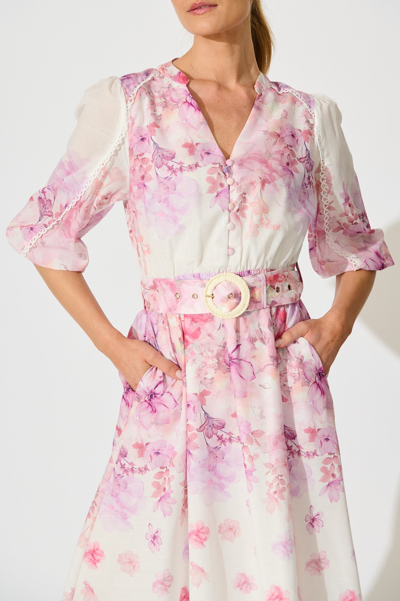 Elaria Maxi Dress in White with Purple Floral Cotton Blend