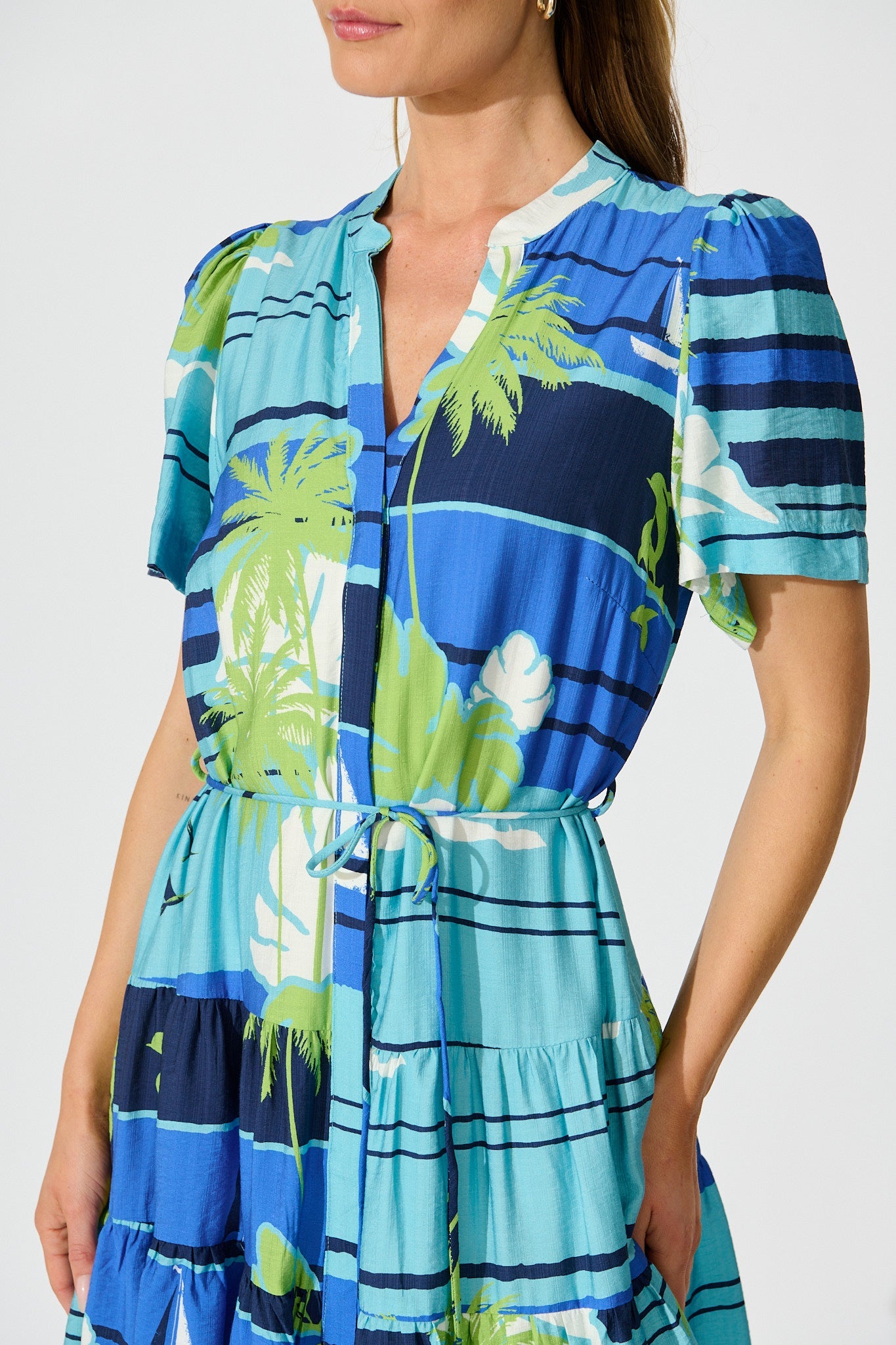 Lavender Dress in Blue with Green Palm Tree Print