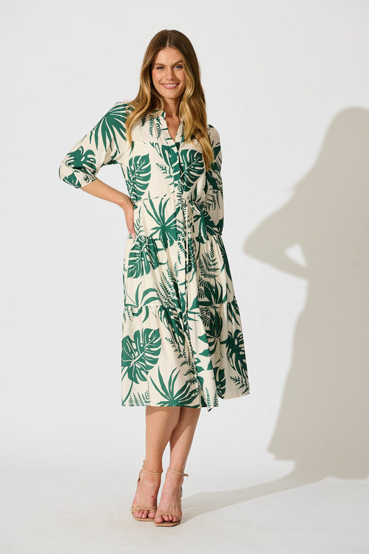Charmaine Midi Dress in Cream with Green Print