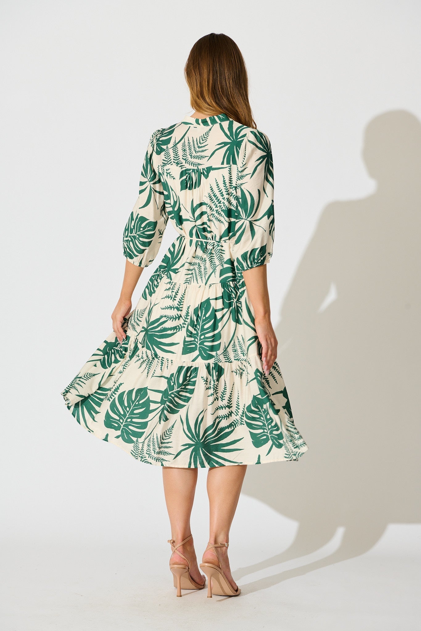 Charmaine Midi Dress in Cream with Green Print
