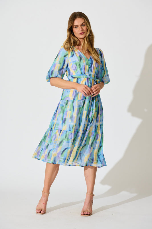Heloise Midi Dress in Blue Print