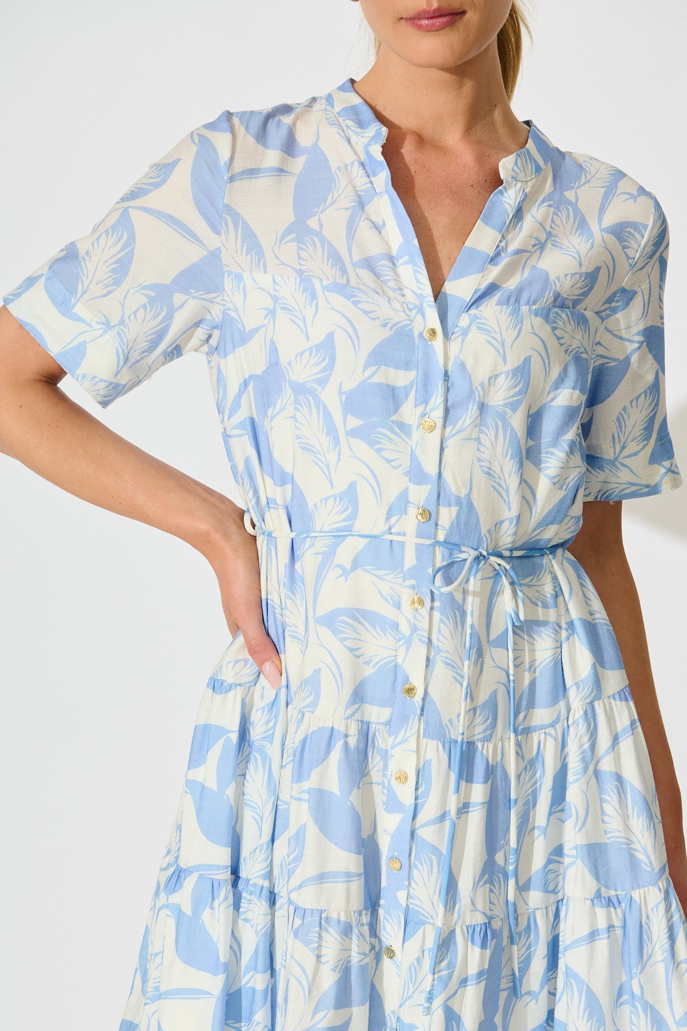 Bluma Dress in White with Blue Leaf Print