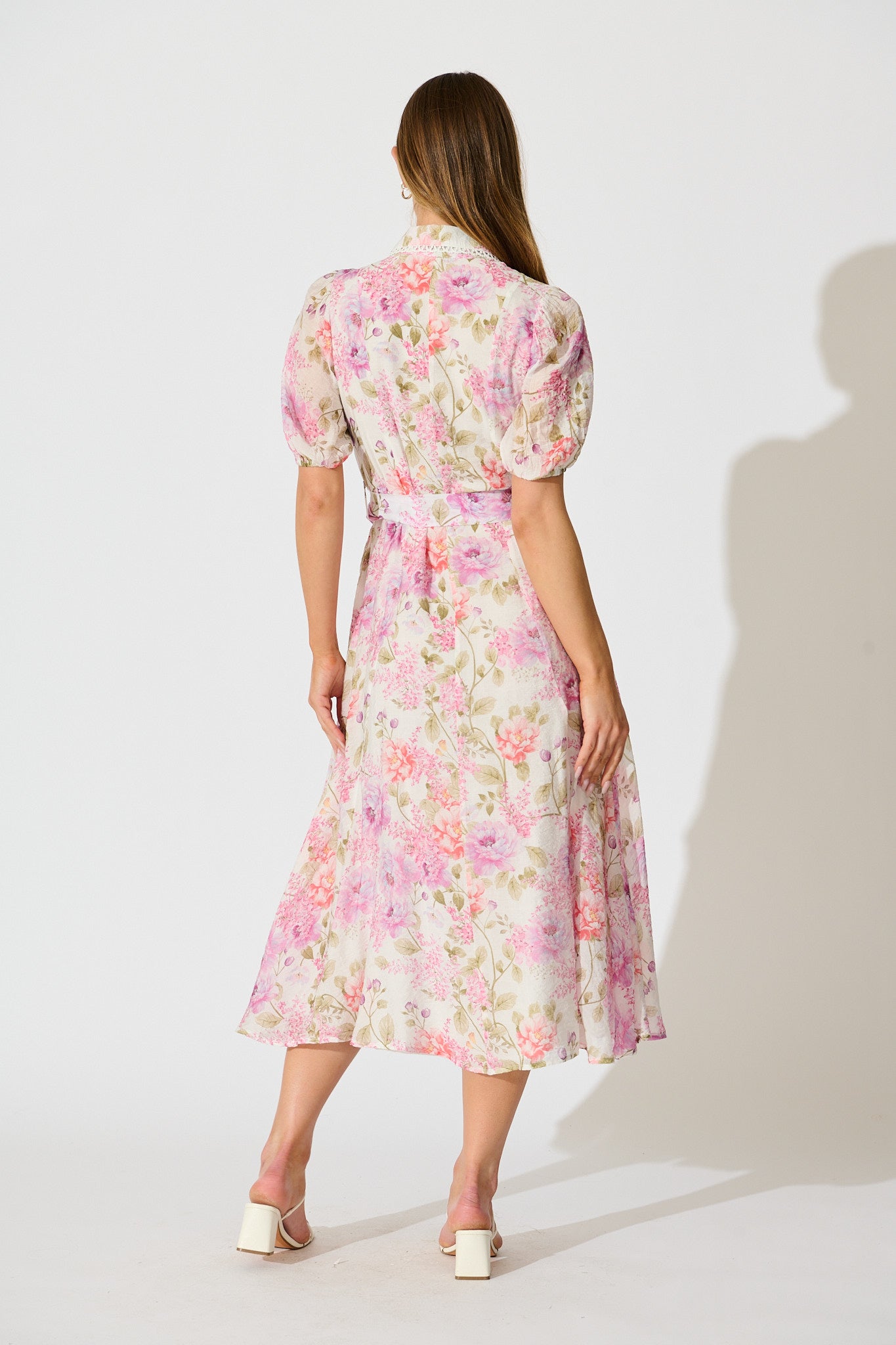 Safiya Maxi Shirt Dress in White with Pink Floral