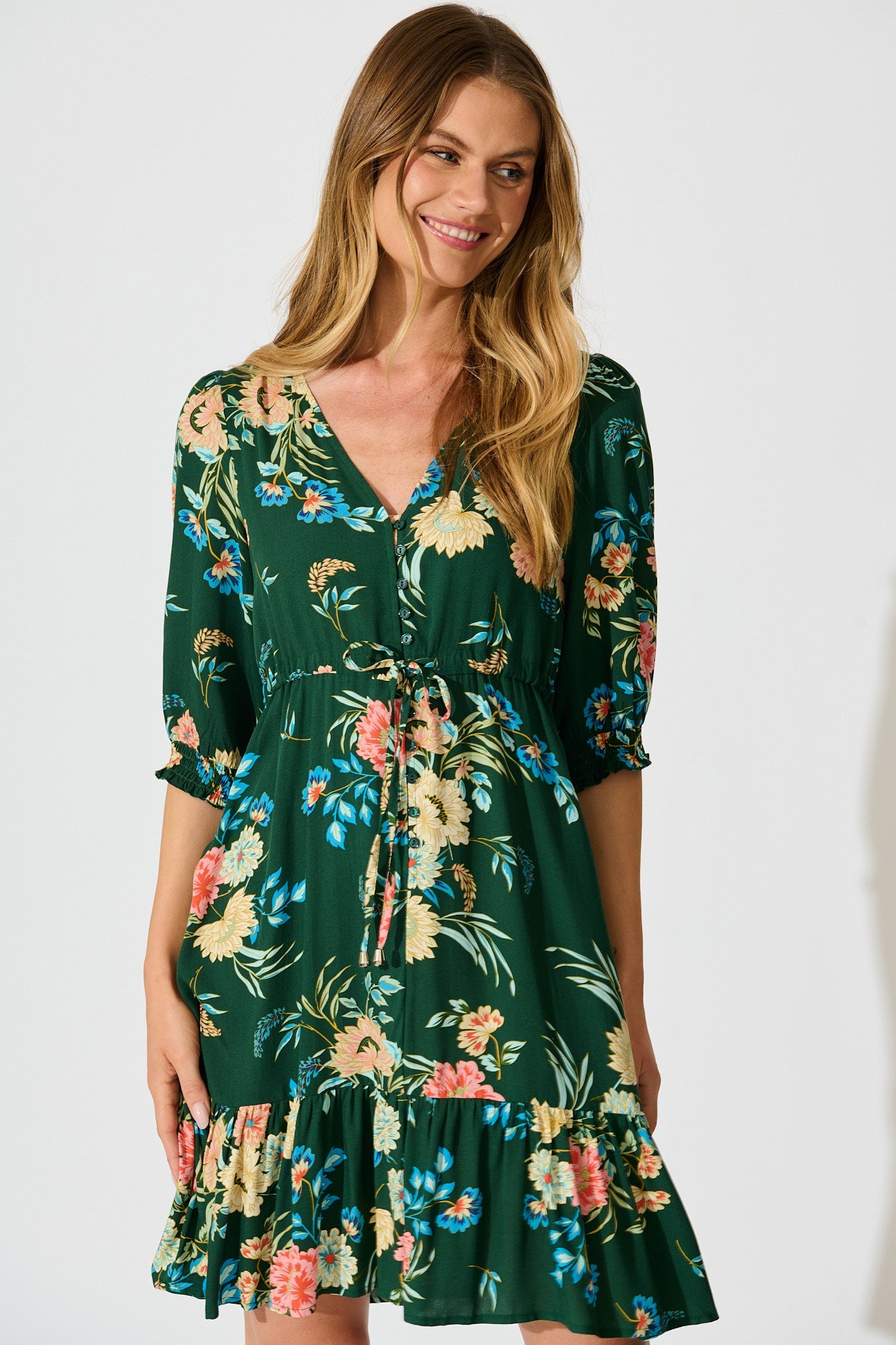 Undine Dress in Emerald with Multi Floral