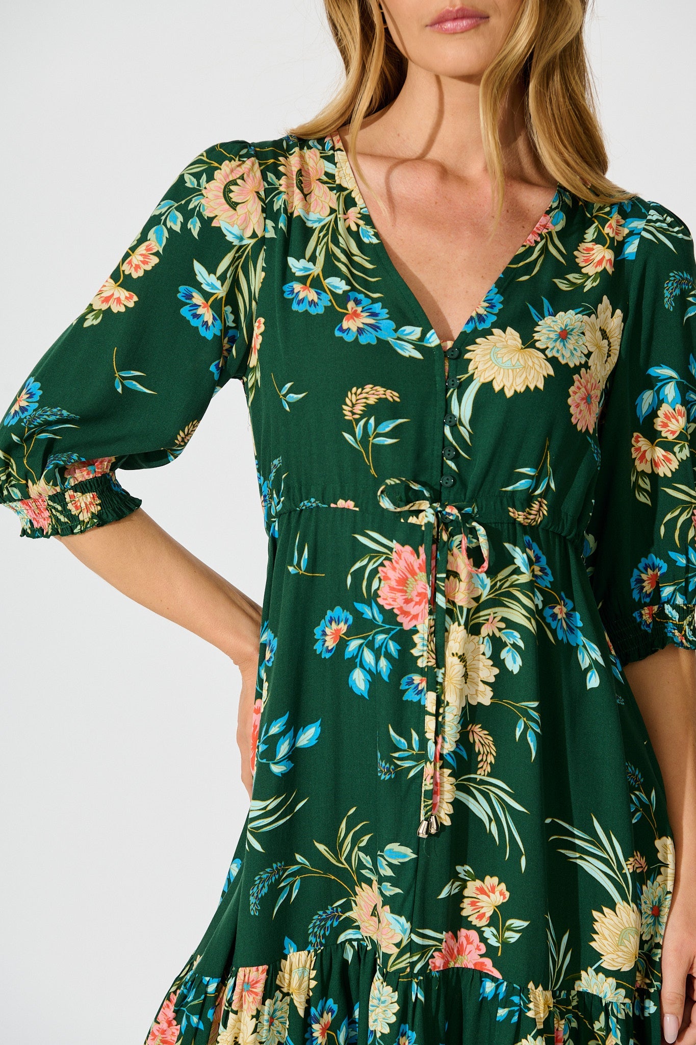Undine Dress in Emerald with Multi Floral