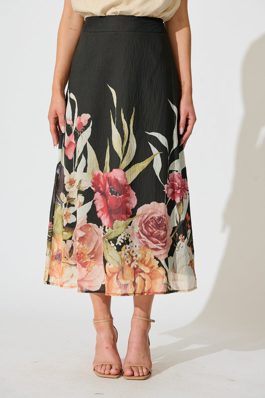 Faelina Maxi Skirt in Black with Floral Print Linen Blend