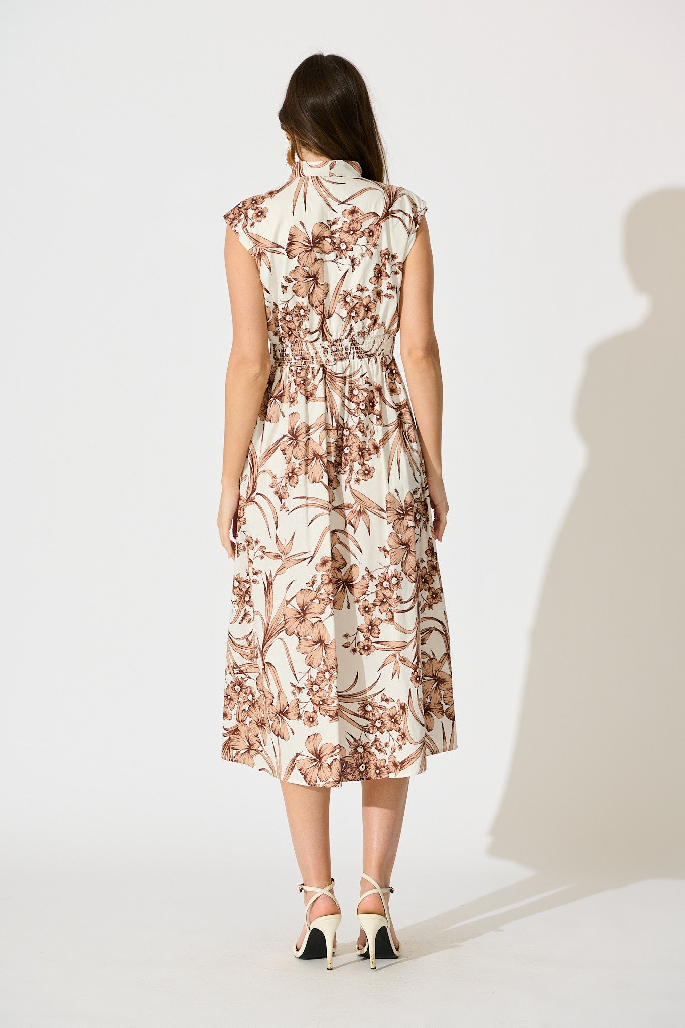 Carine Midi Dress in White with Brown Floral Print Cotton
