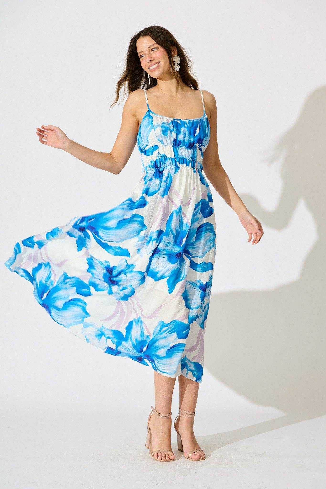 Zaynab Maxi Sundress in White with Blue Floral