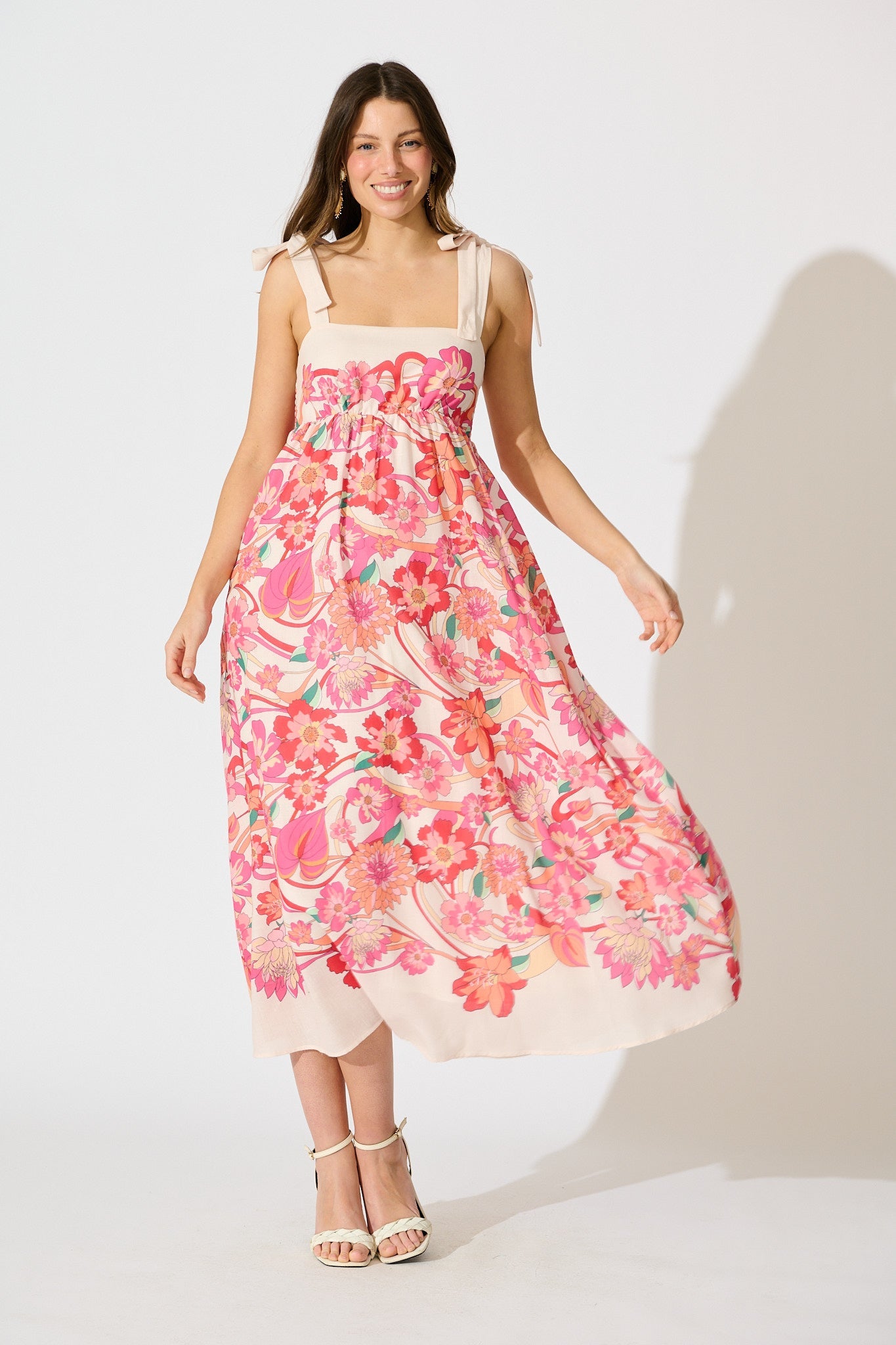 Grazia Maxi Sundress in Cream with Pink Multi Linen Blend