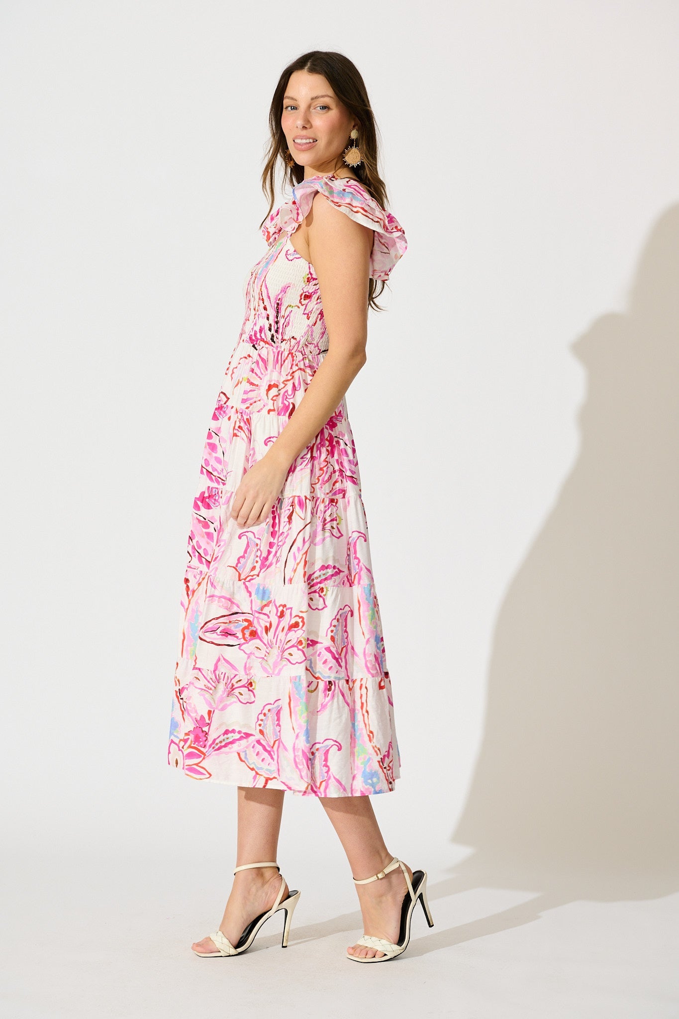 Imee Midi Sundress in White with Pink Abstract Floral