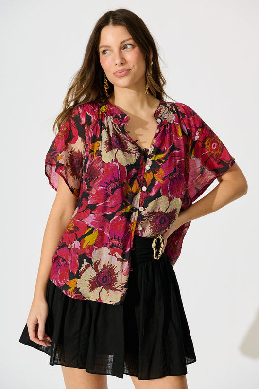 Lombard Top in Black with Pink Floral
