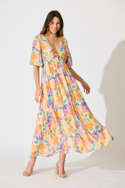 Seraphine Maxi Dress in Tangerine Multi Watercolour Floral