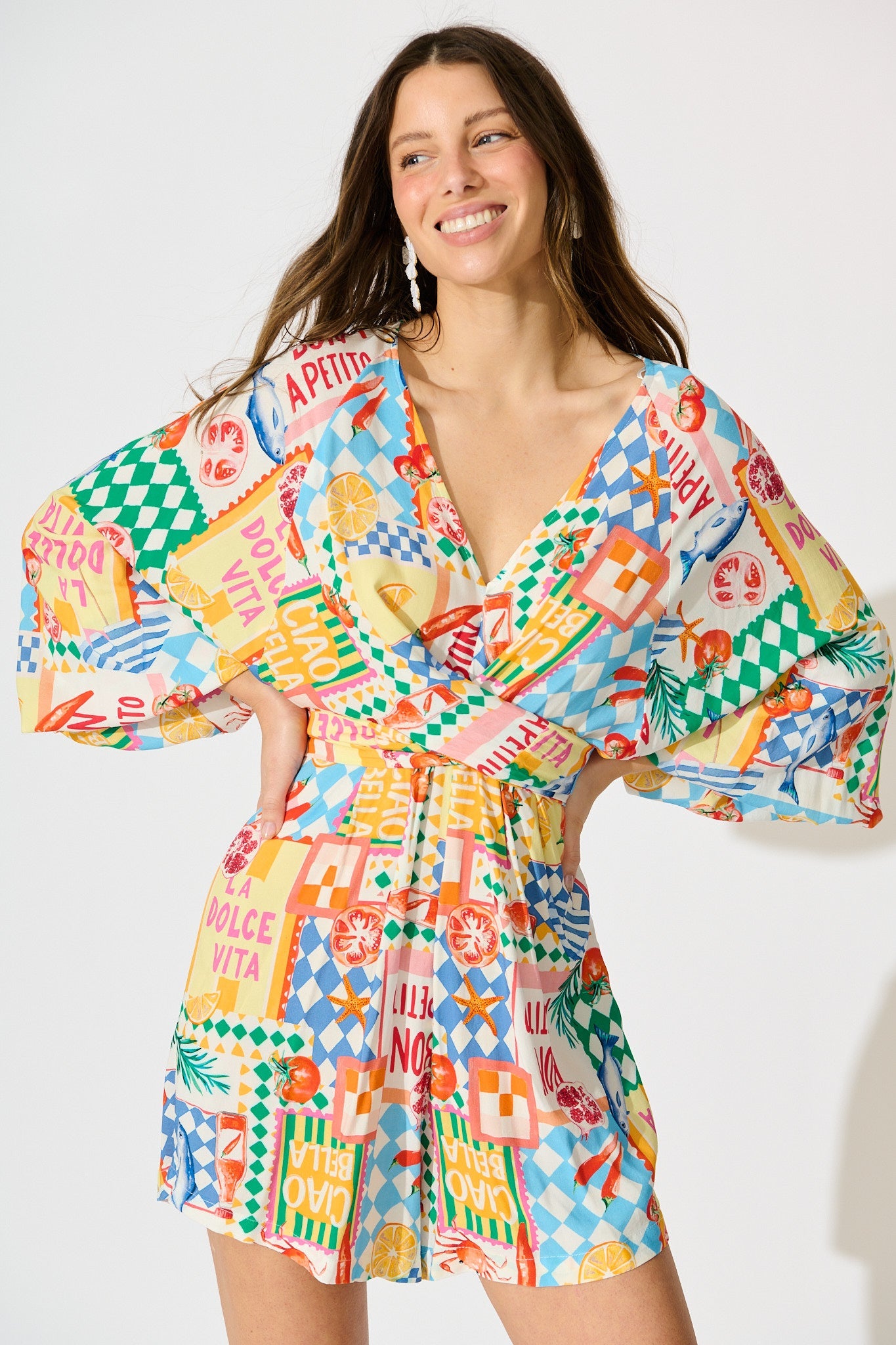 Otillie Playsuit in White Multi Conversational Print