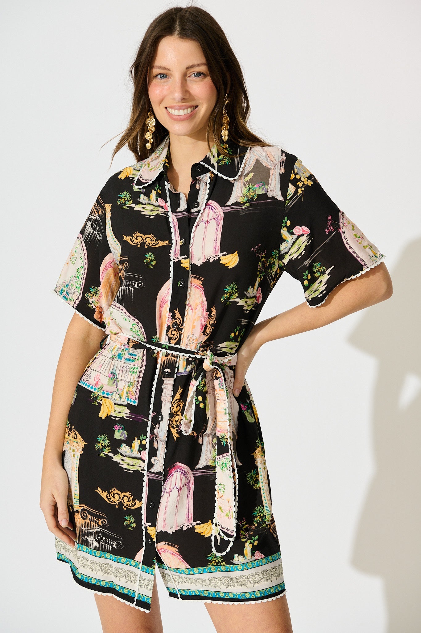 Orsa Shirt Dress In Black Multi Print