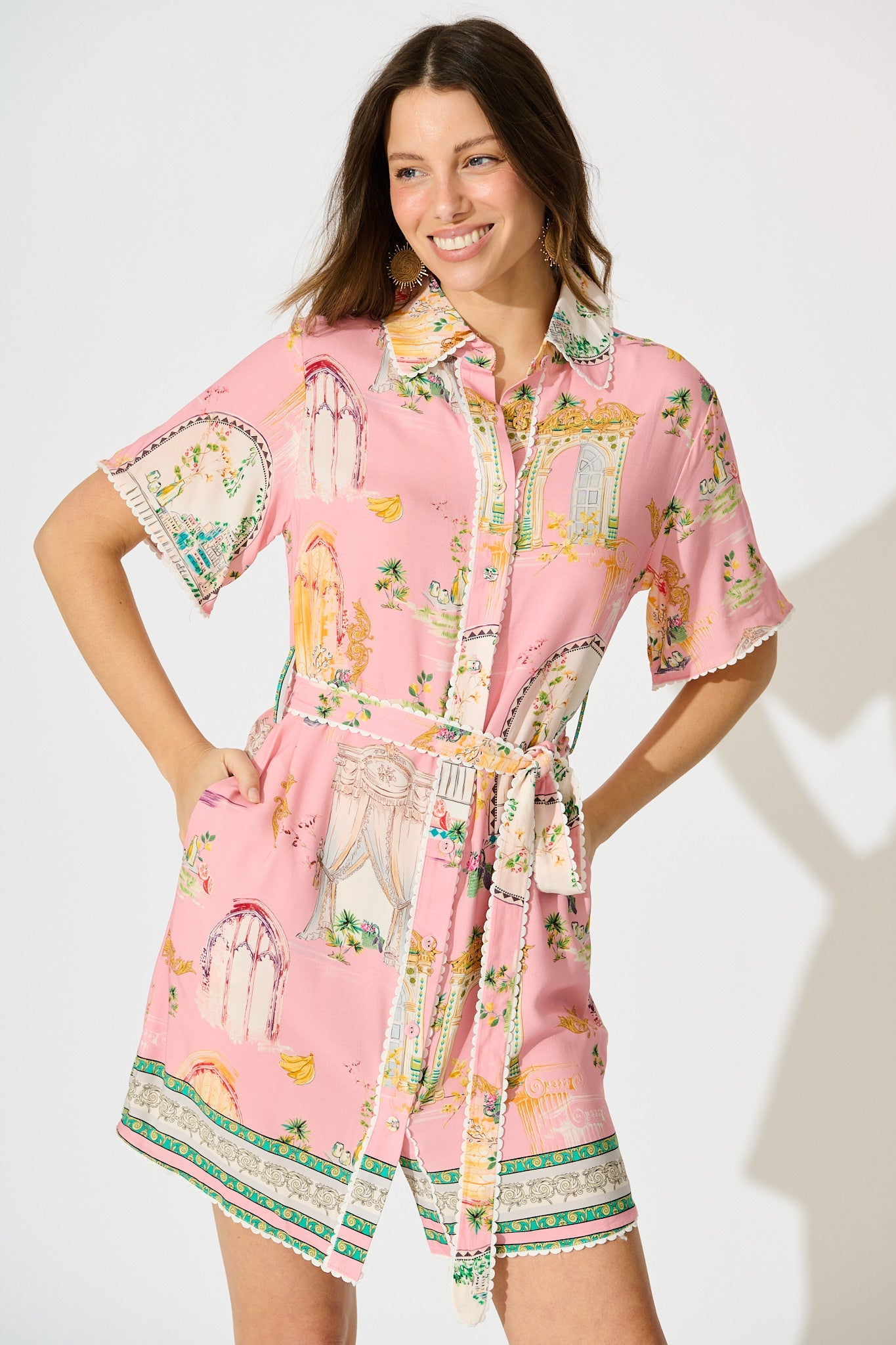 Orsa Shirt Dress in Pink Multi Print