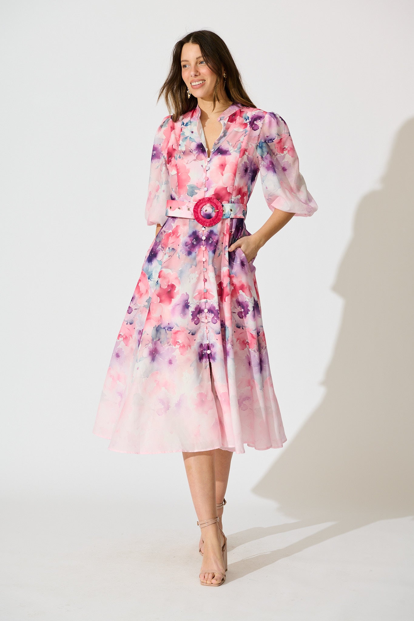 Serenade Bloom Midi Dress in Pink with Multi Floral Cotton Blend