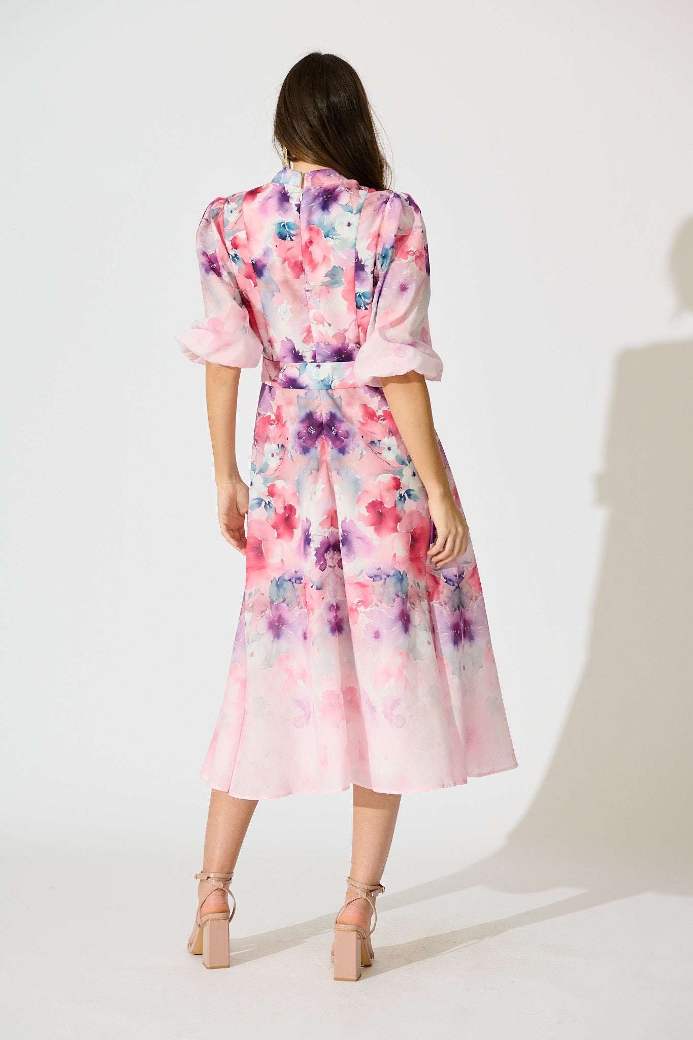 Serenade Bloom Midi Dress in Pink with Multi Floral Cotton Blend