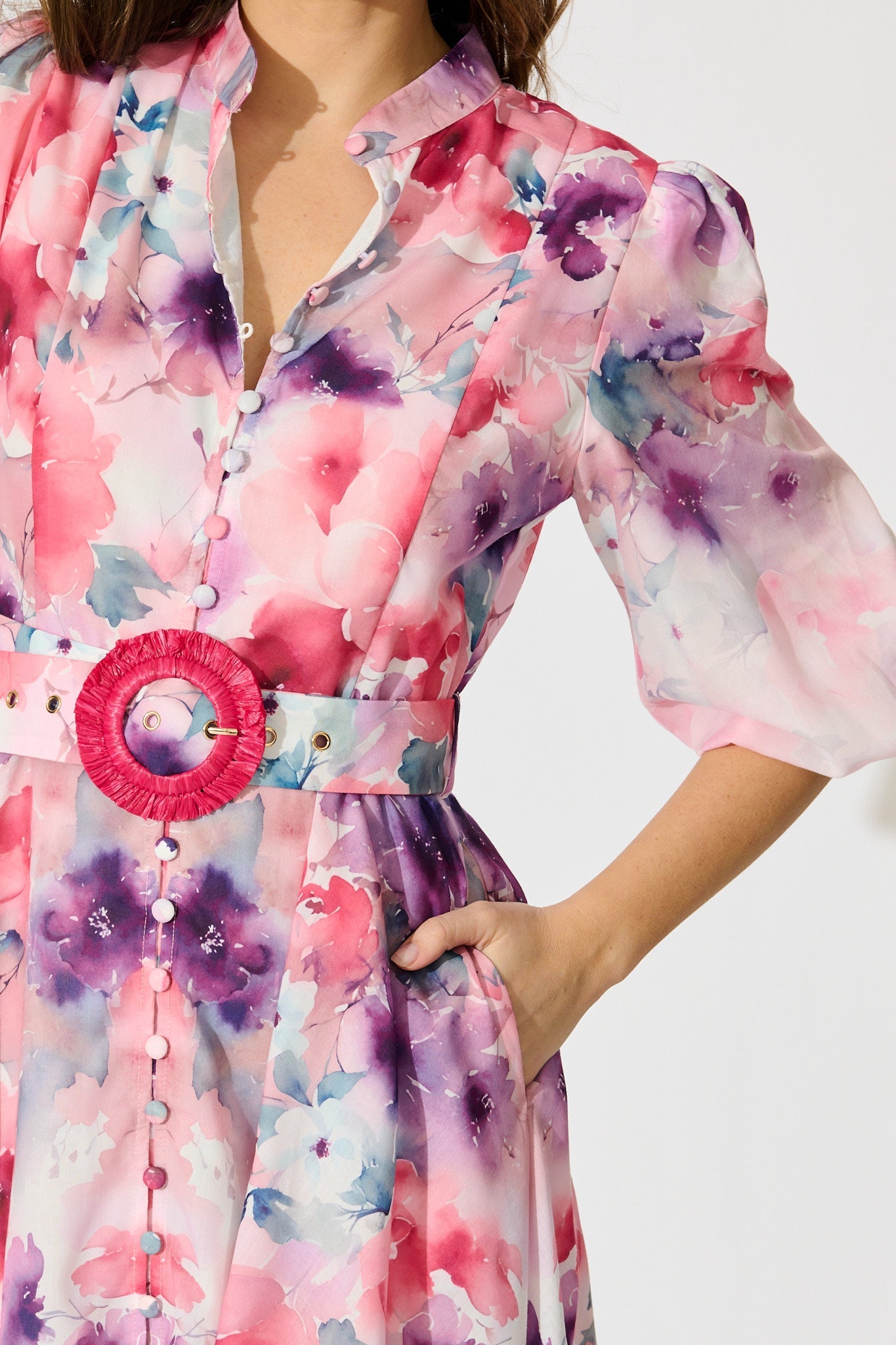 Serenade Bloom Midi Dress in Pink with Multi Floral Cotton Blend