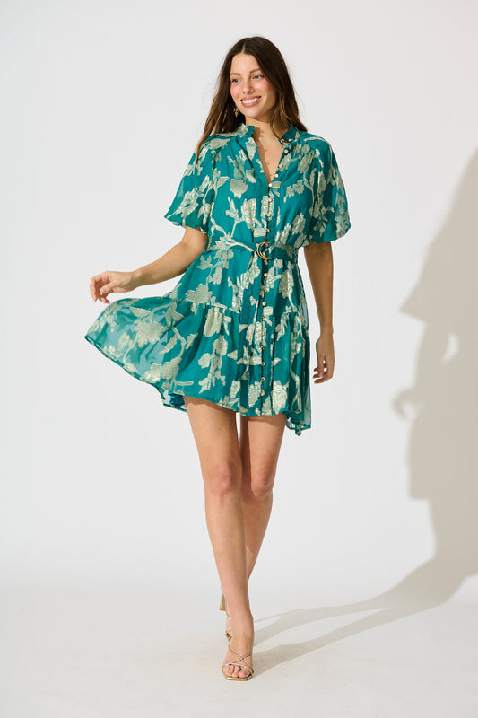 Dawnfall Dress in Teal with Pale Gold Floral Burnout Chiffon