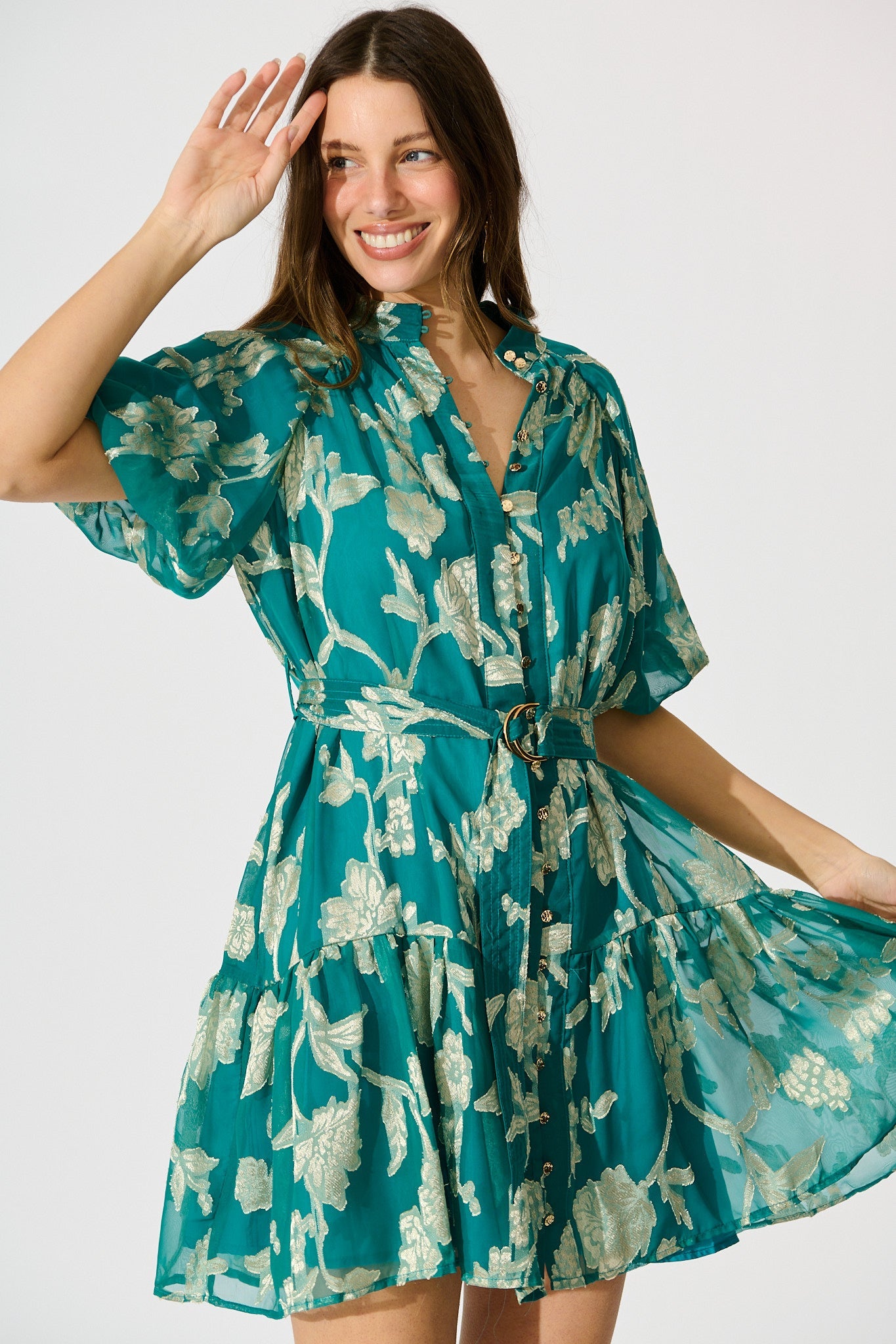 Dawnfall Dress in Teal with Pale Gold Floral Burnout Chiffon