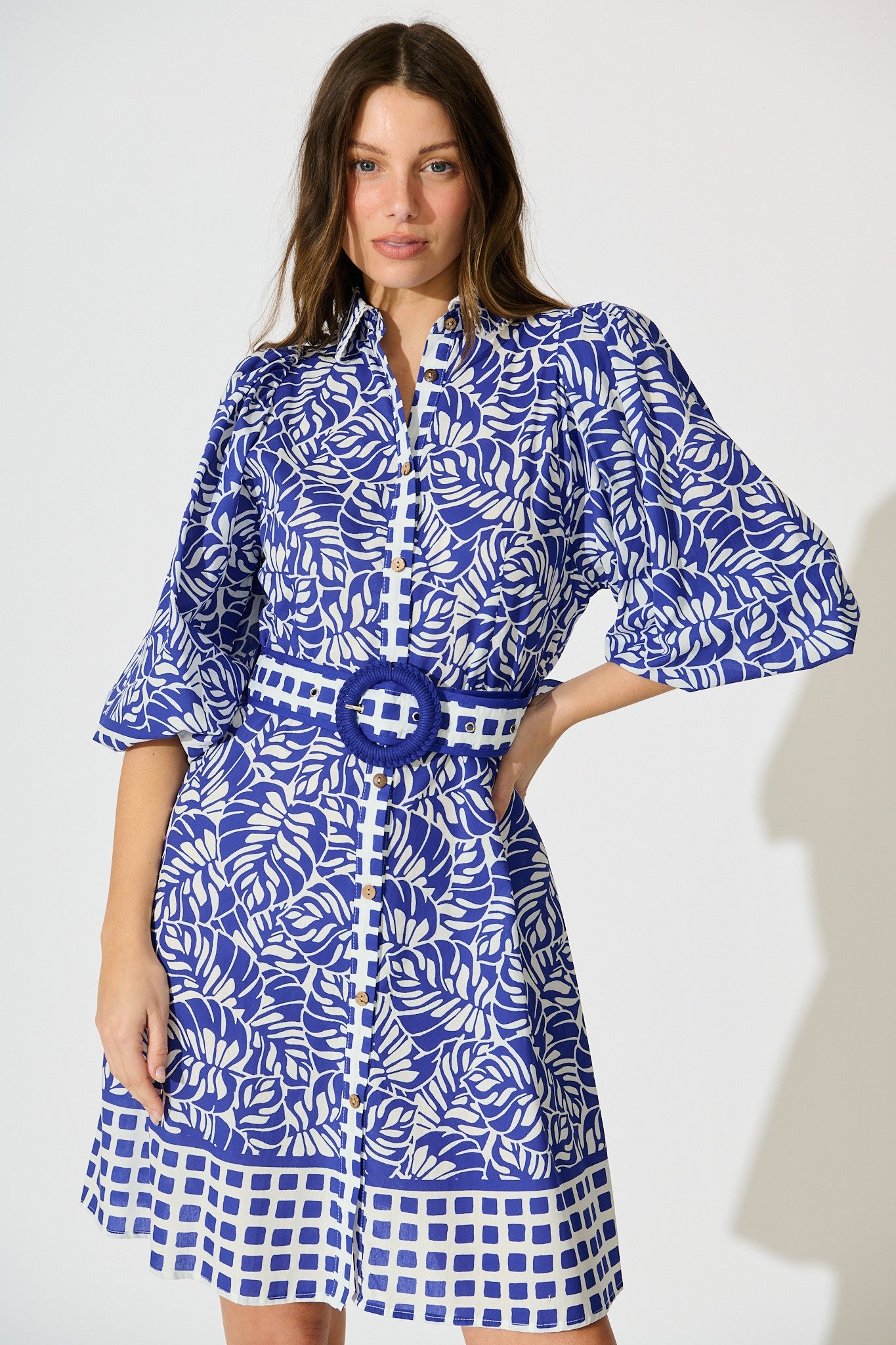 Carys Dress in Blue with White Cotton