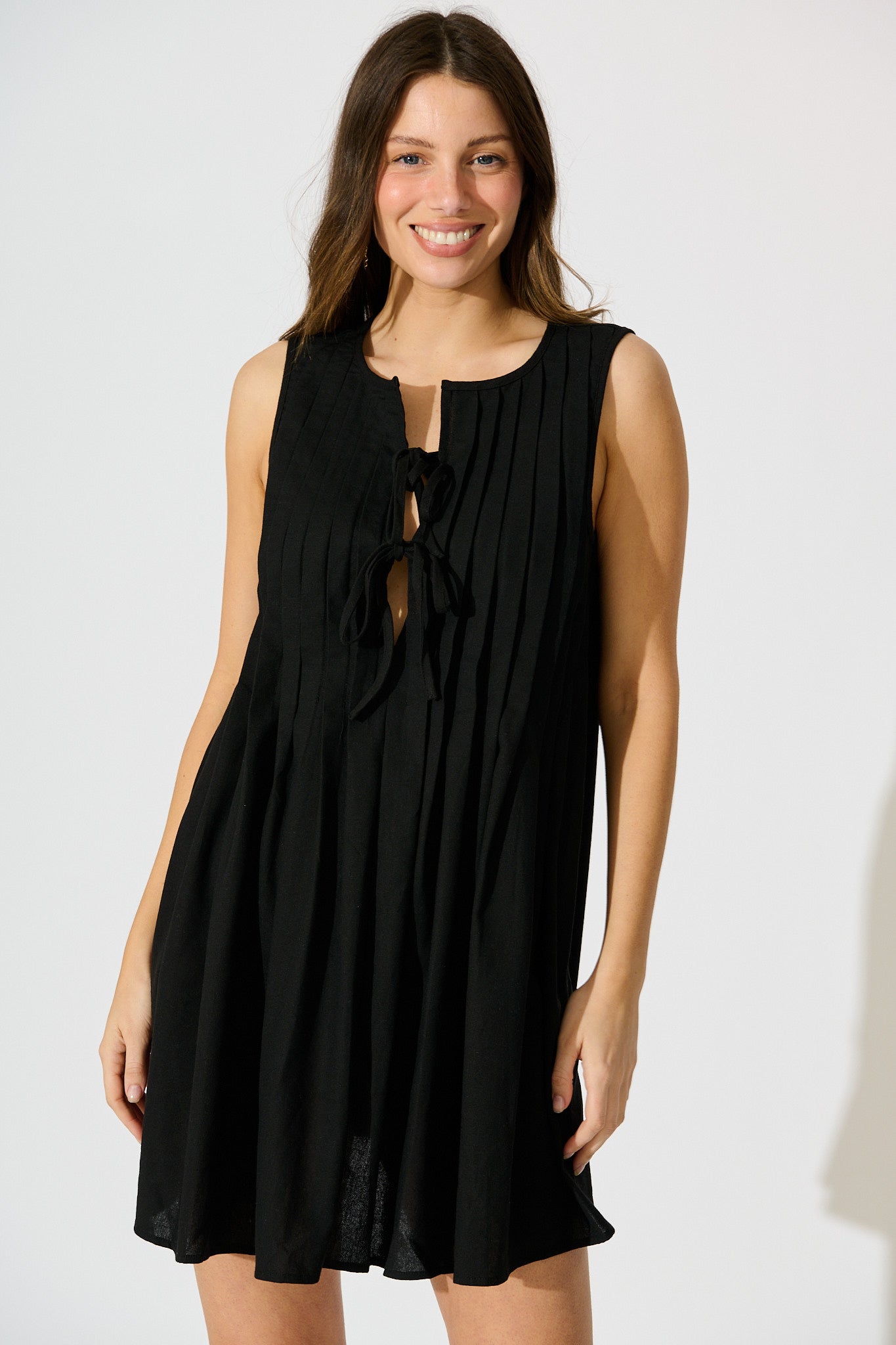 Elisara Tie Front Dress in Black Linen Blend