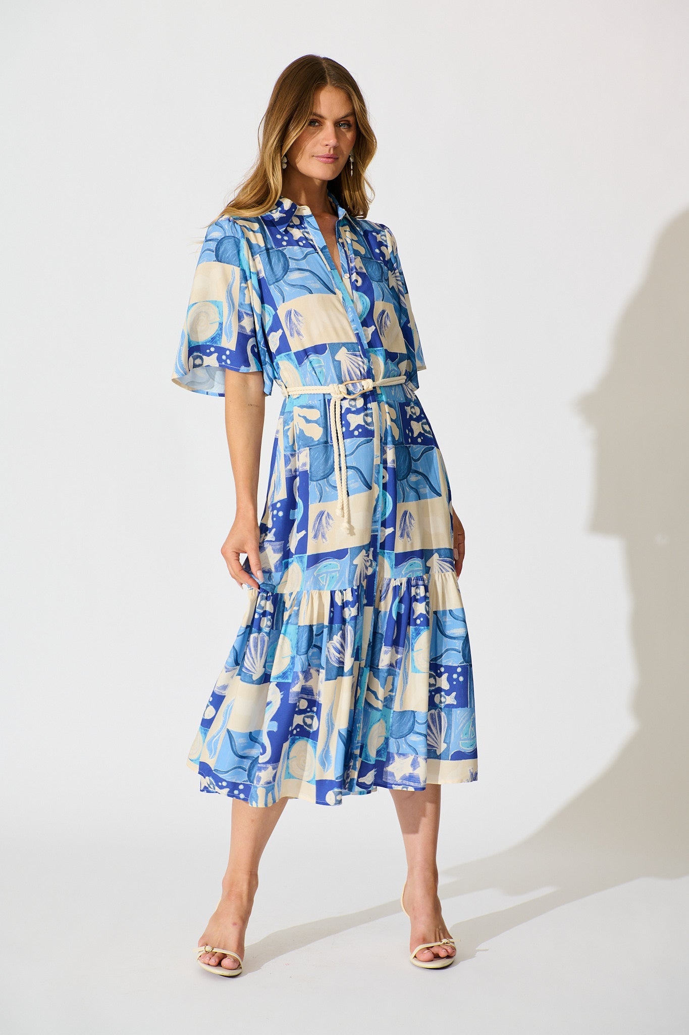 Cera Midi Shirt Dress in Blue Sea Shell Print