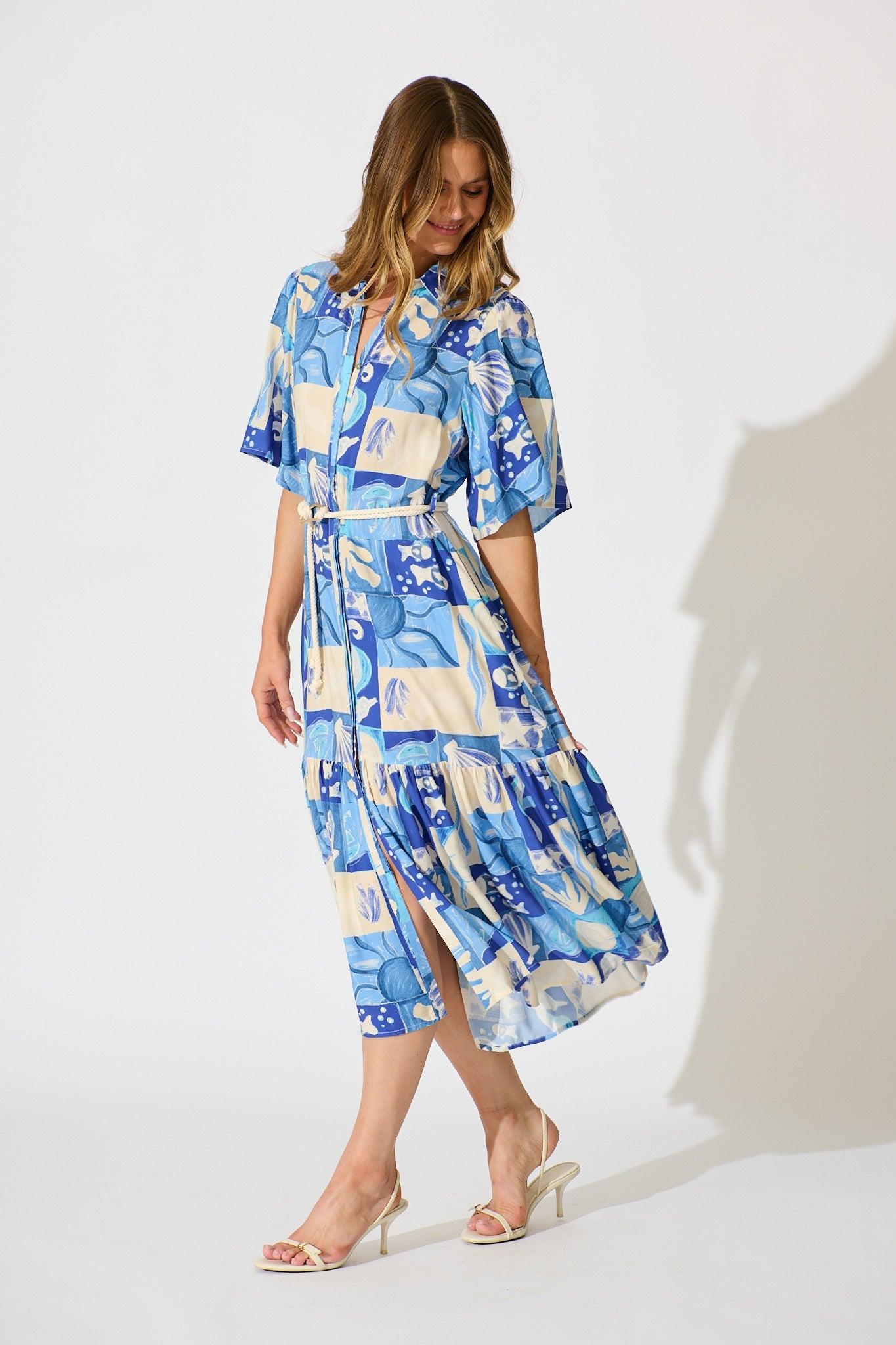 Cera Midi Shirt Dress in Blue Sea Shell Print