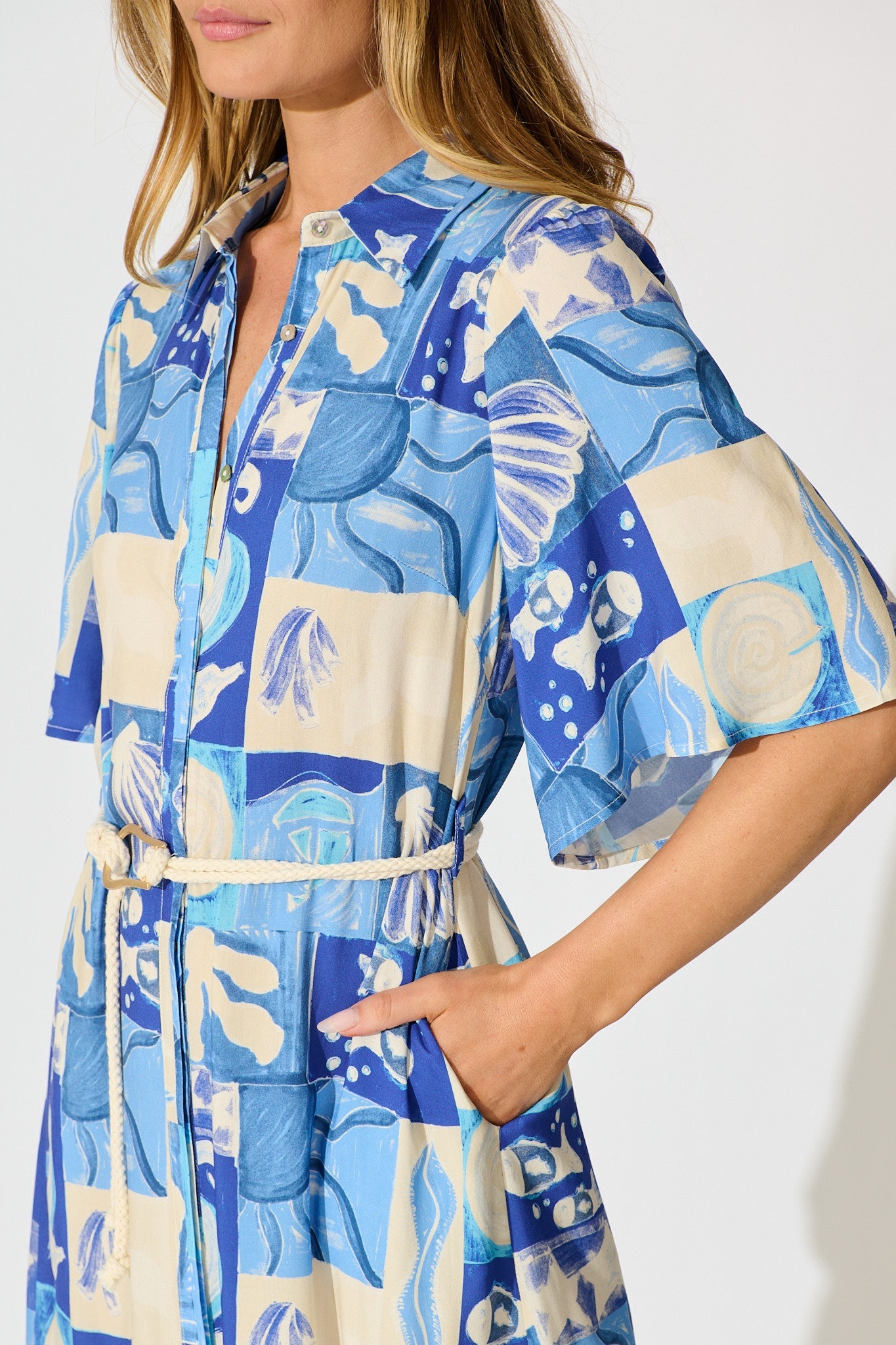 Cera Midi Shirt Dress in Blue Sea Shell Print