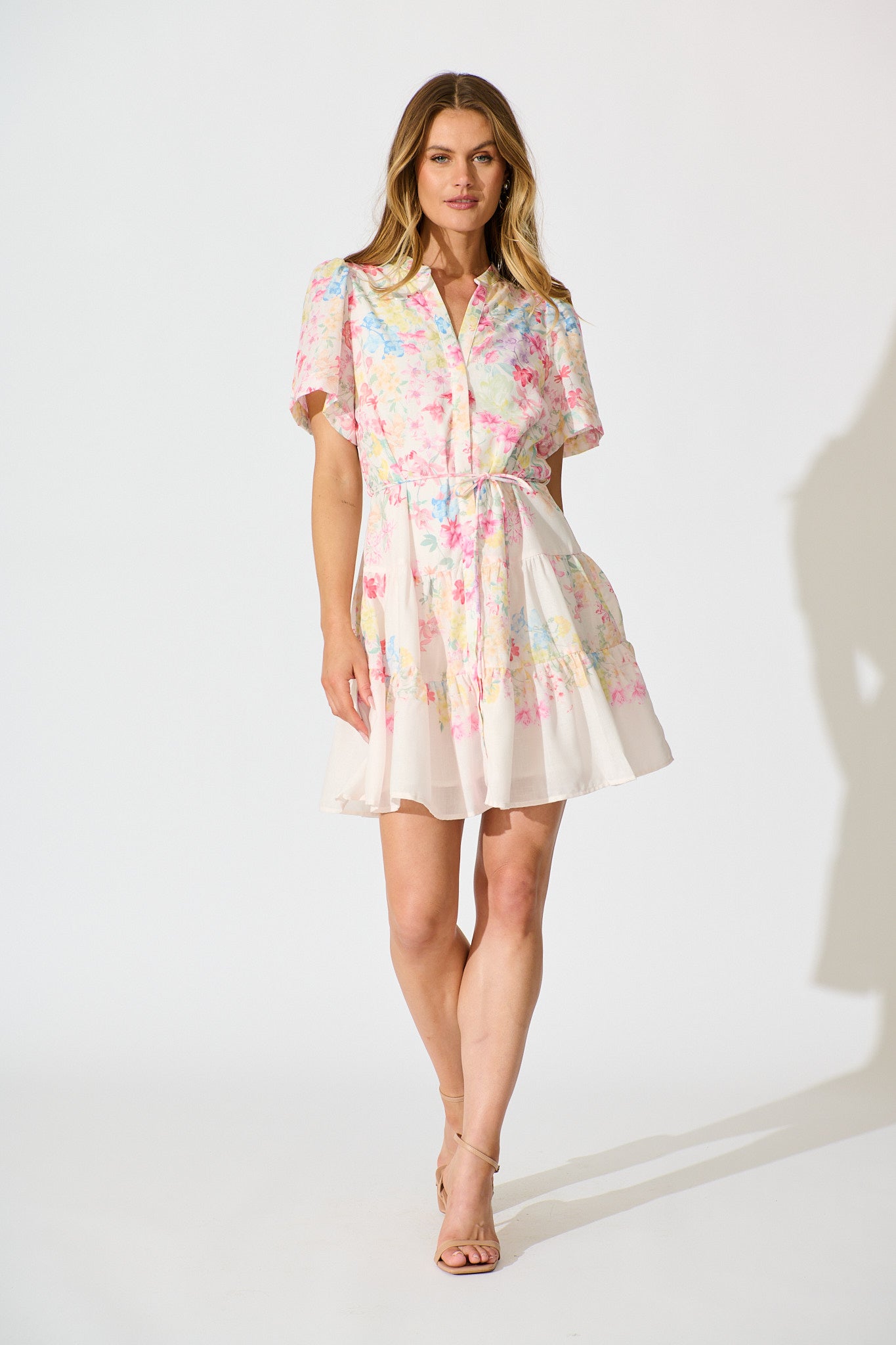 Karey Dress in White with Multi Pastel Floral Linen Blend