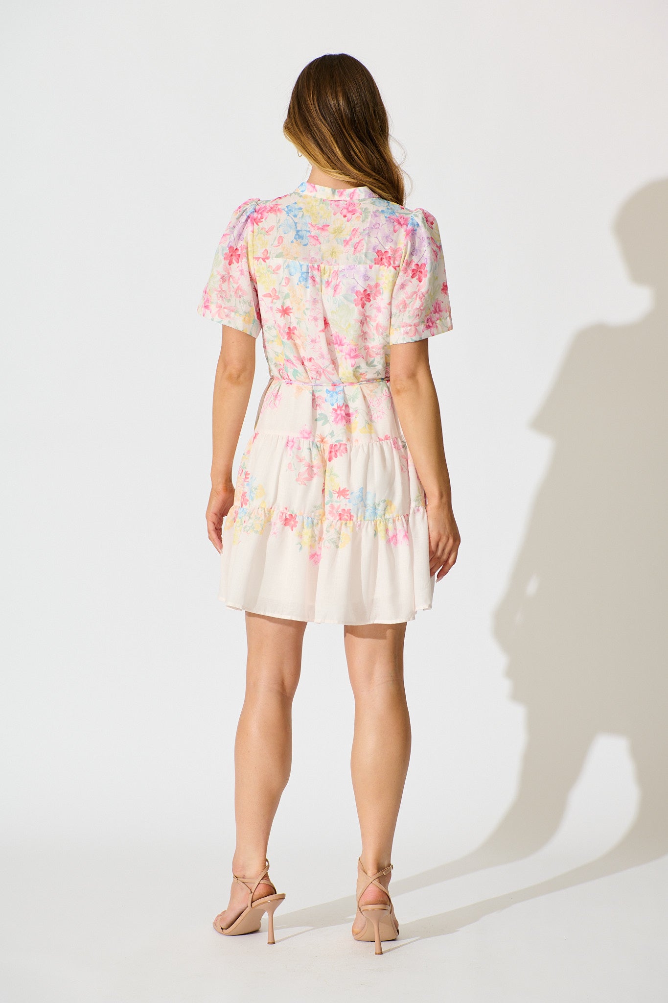 Karey Dress in White with Multi Pastel Floral Linen Blend