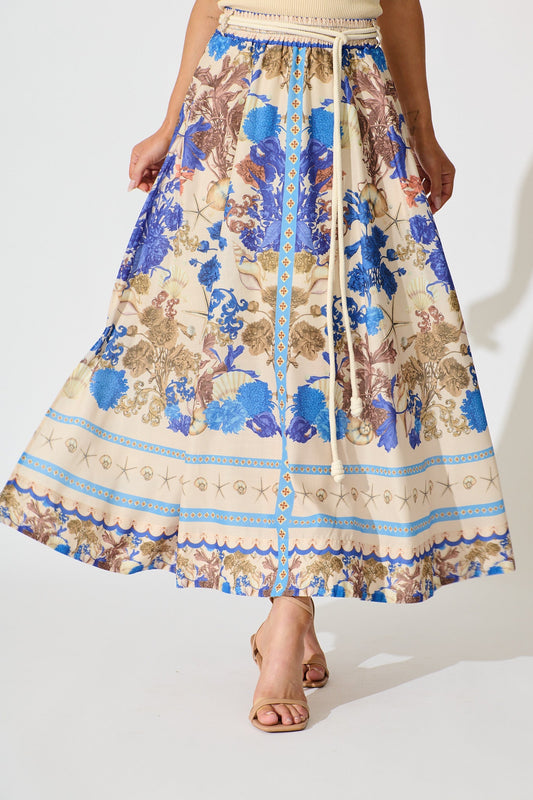 Dalton Maxi Skirt in Blue with Multi Floral Placement Cotton Blend