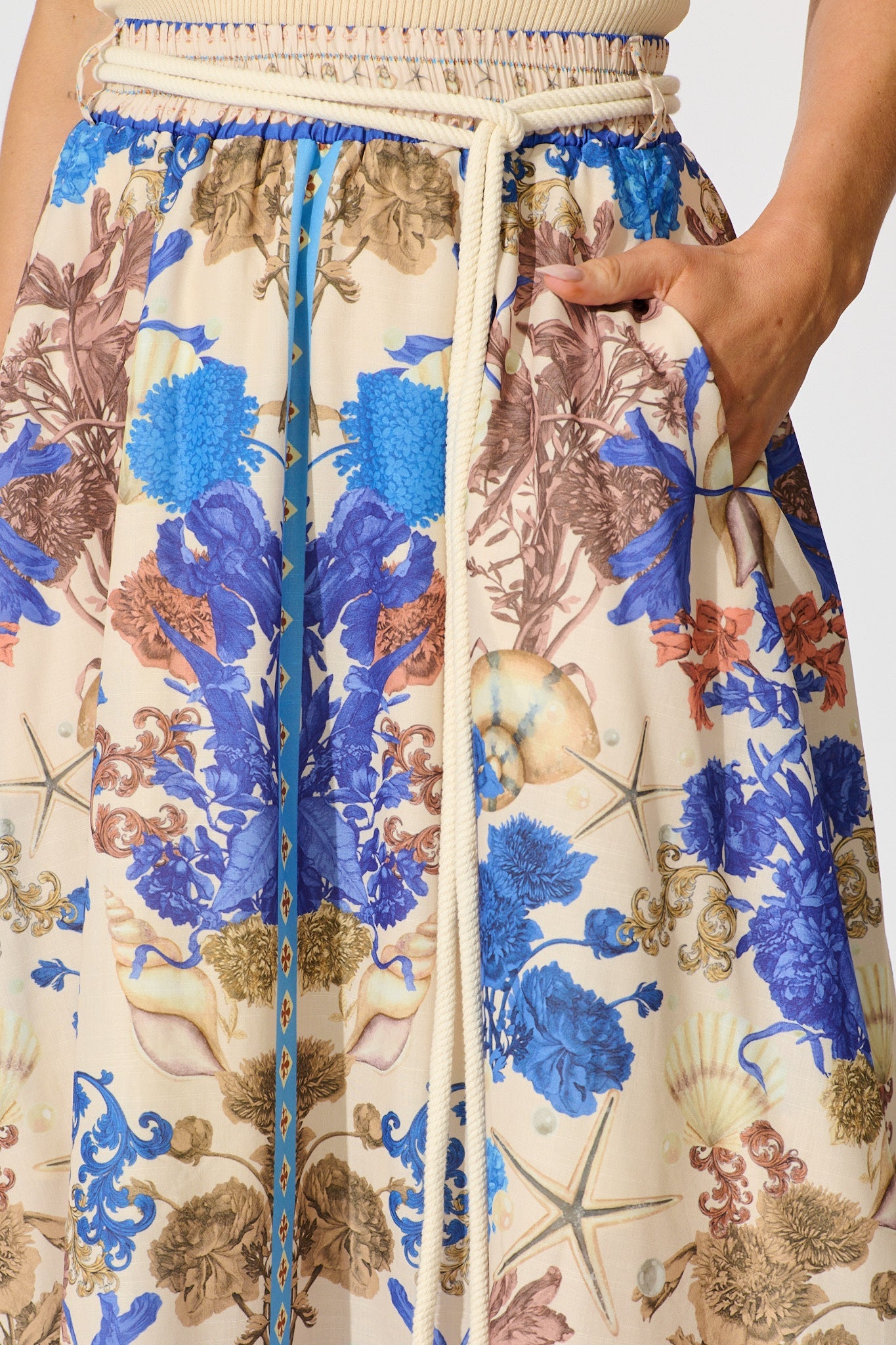 Dalton Maxi Skirt in Blue with Multi Floral Placement Cotton Blend