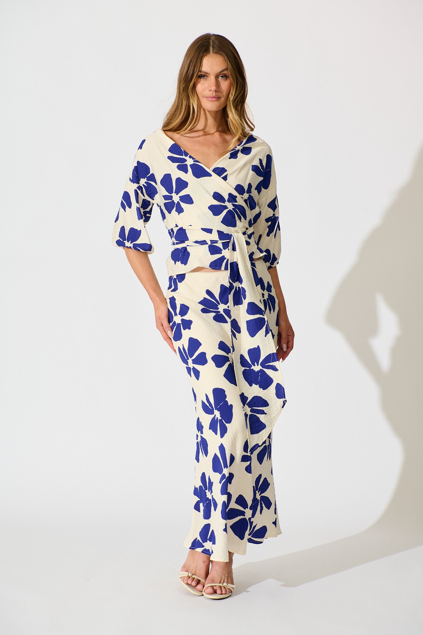 Lanah Maxi Skirt in White with Blue Flower Print