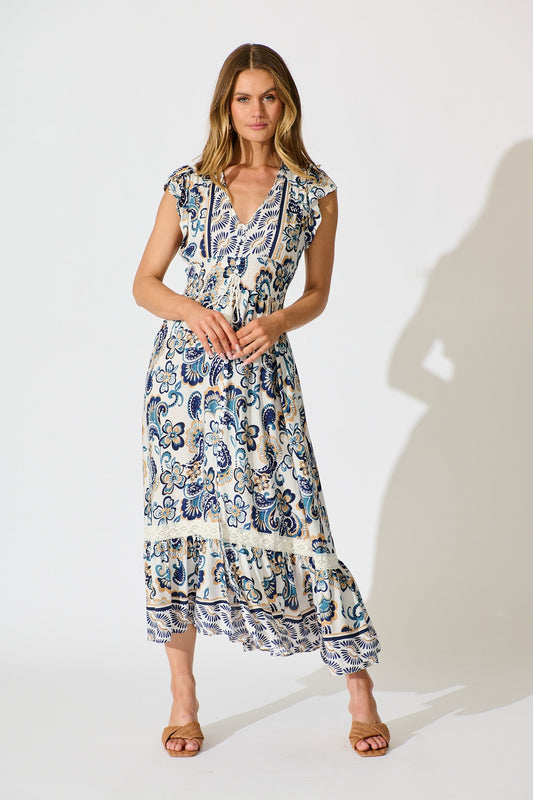 Ilysssa Maxi Dress in White with Blue Boho Print