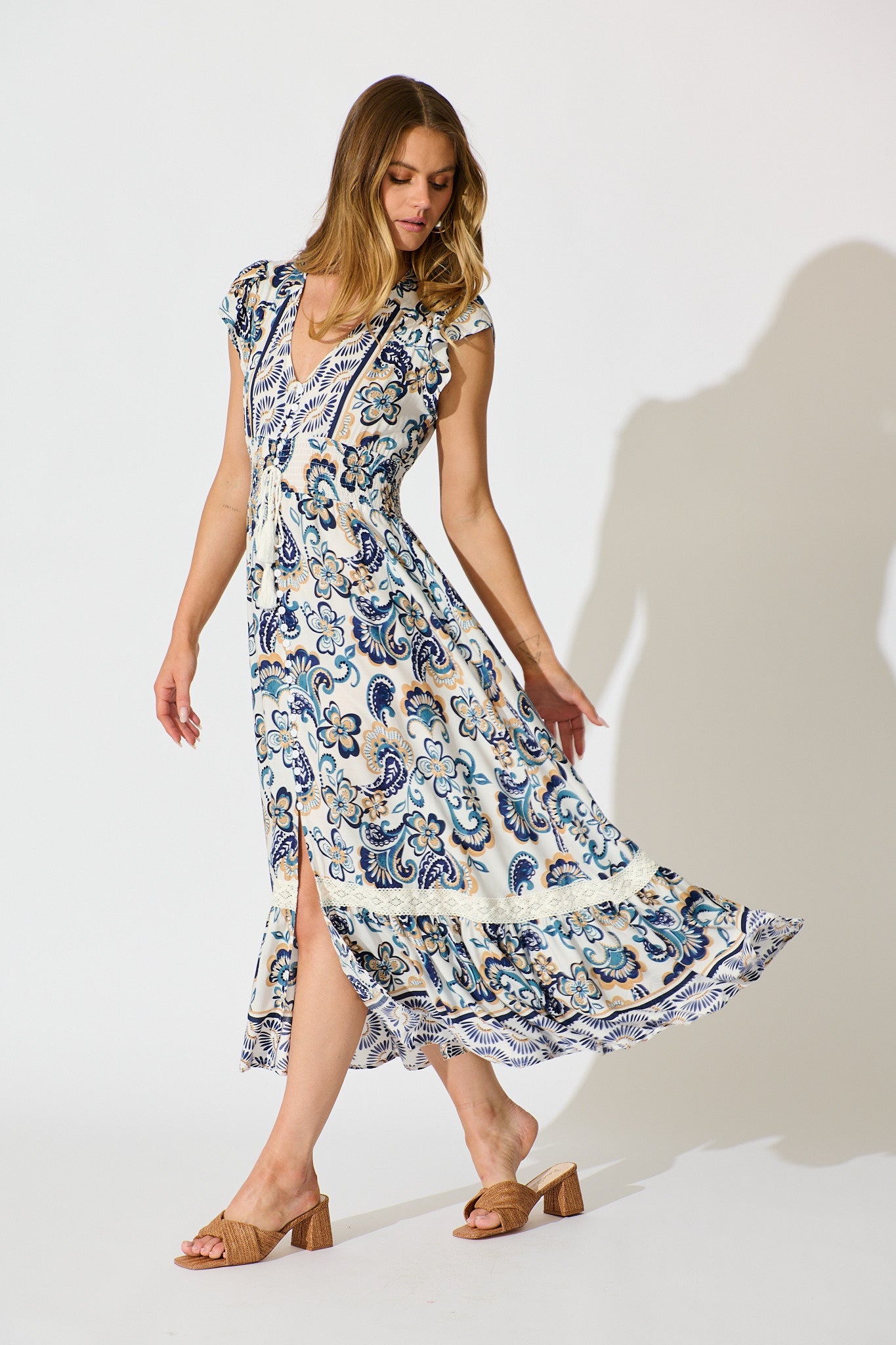 Ilysssa Maxi Dress in White with Blue Boho Print