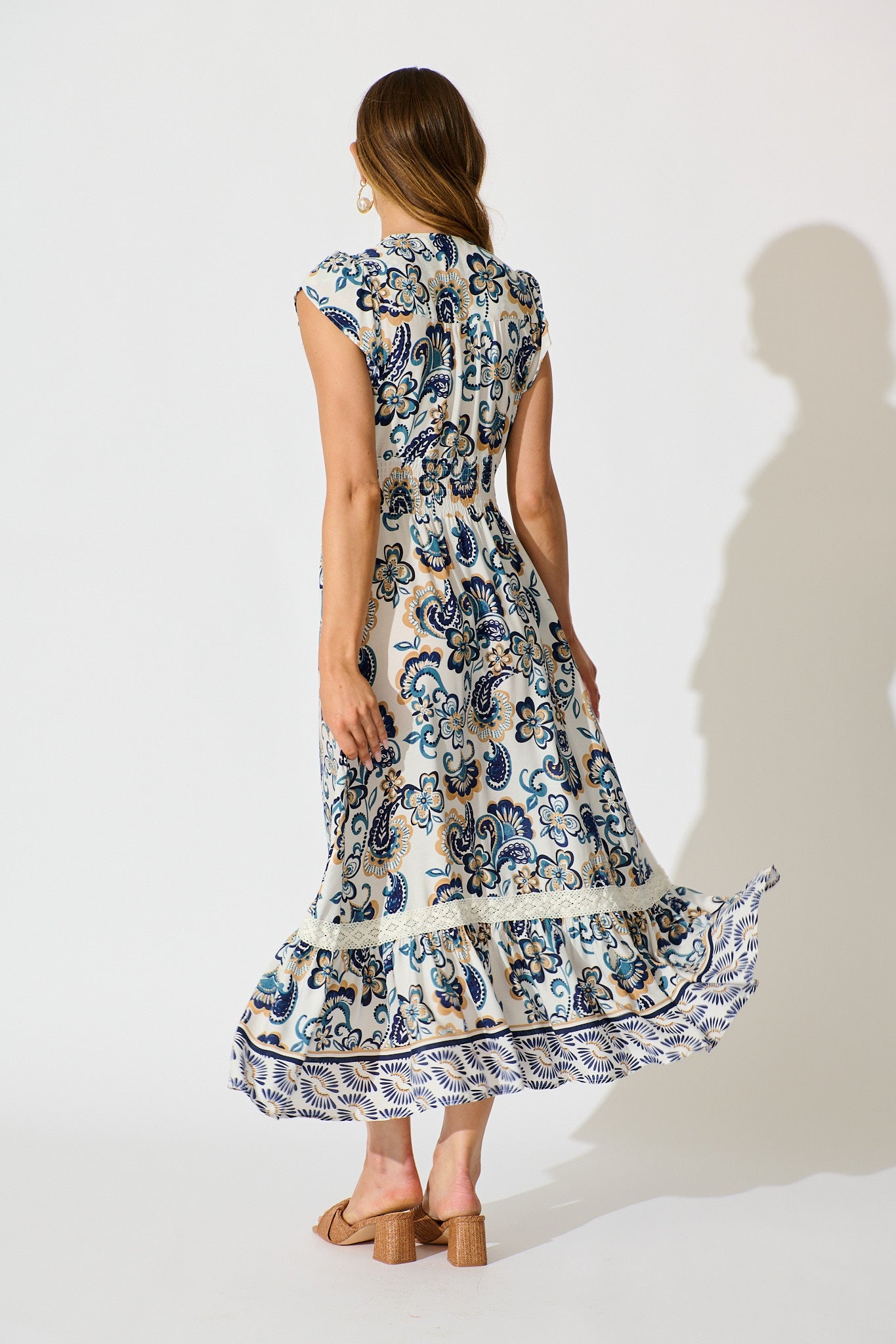 Ilysssa Maxi Dress in White with Blue Boho Print