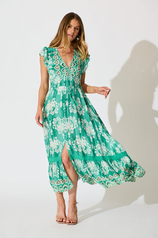 Ilysssa Maxi Dress in Green with White Boho Print